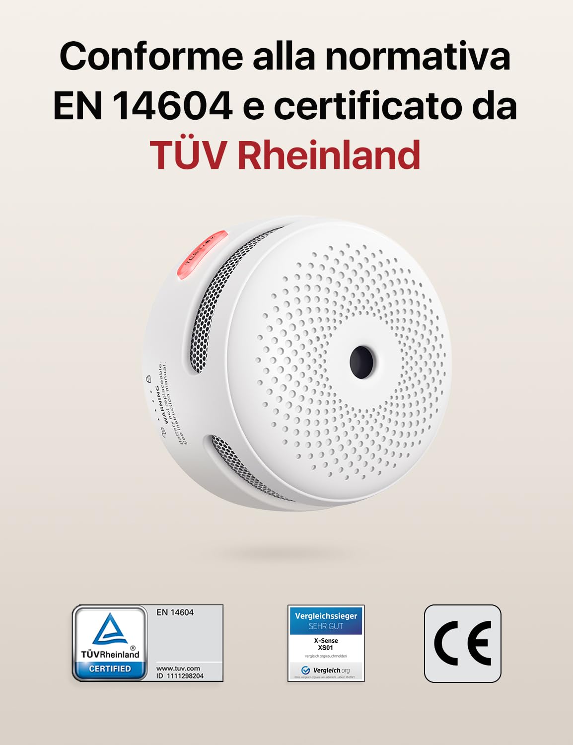X-Sense Mini-Rilevatore di Fumo con 10 Anni di Autonomia (non Wi-Fi), Rilevatore di Fumo Certificato e EN 14604, Rilevatore di Incendio con Sensore Fotoelettrico, XS01, Confezione Da 3