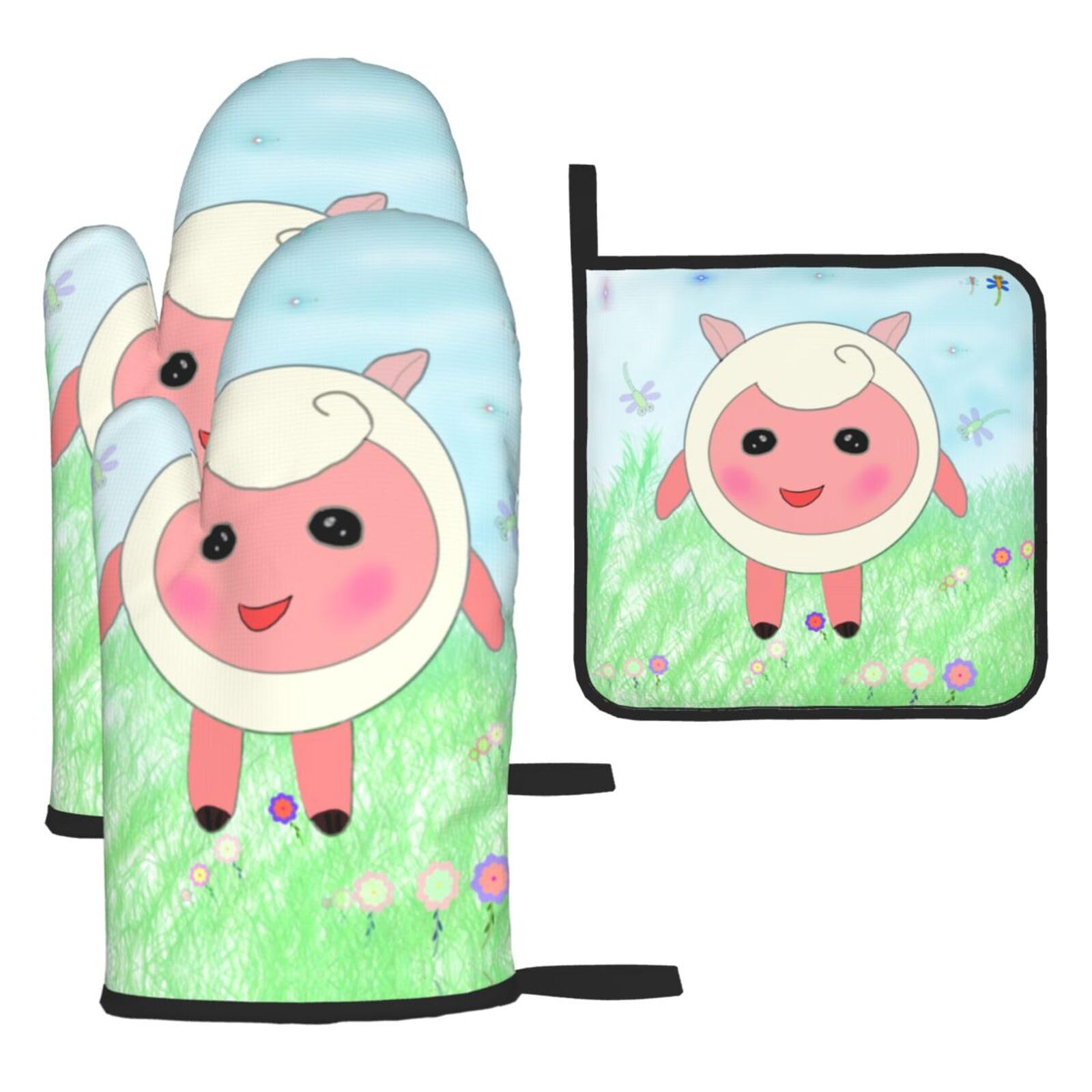 cute lamb Oven mittens and oven mitts three-piece set suitable for oven, grilling, baking, microwave and home cooking.