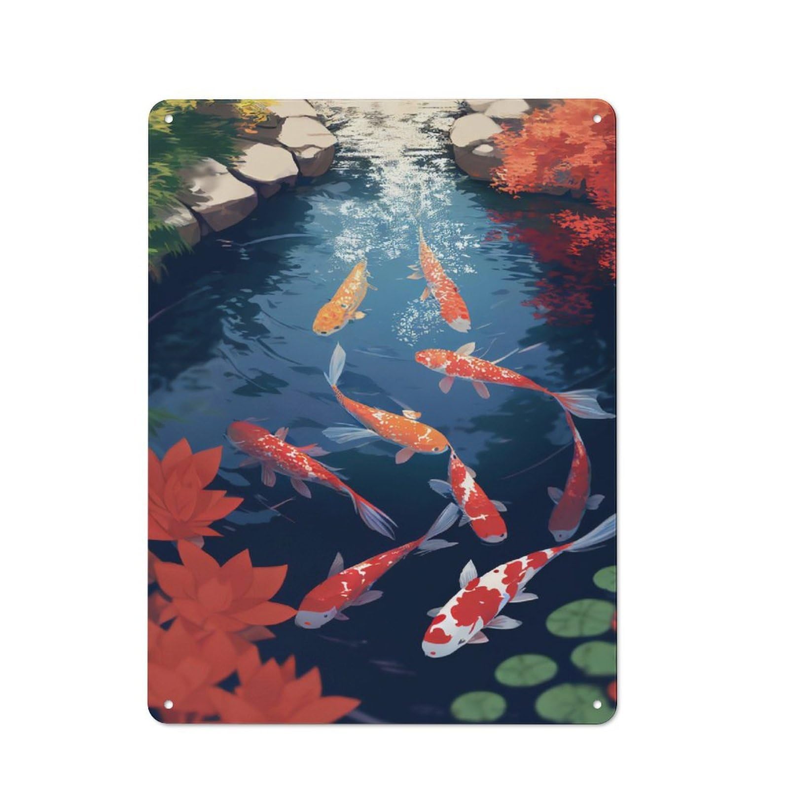 Junmoney Pond Koi Fish Aesthetic Vintage Tin Sign 40X30cm With For Café Or Home Bar, Suited To Café-Style Decor Fans