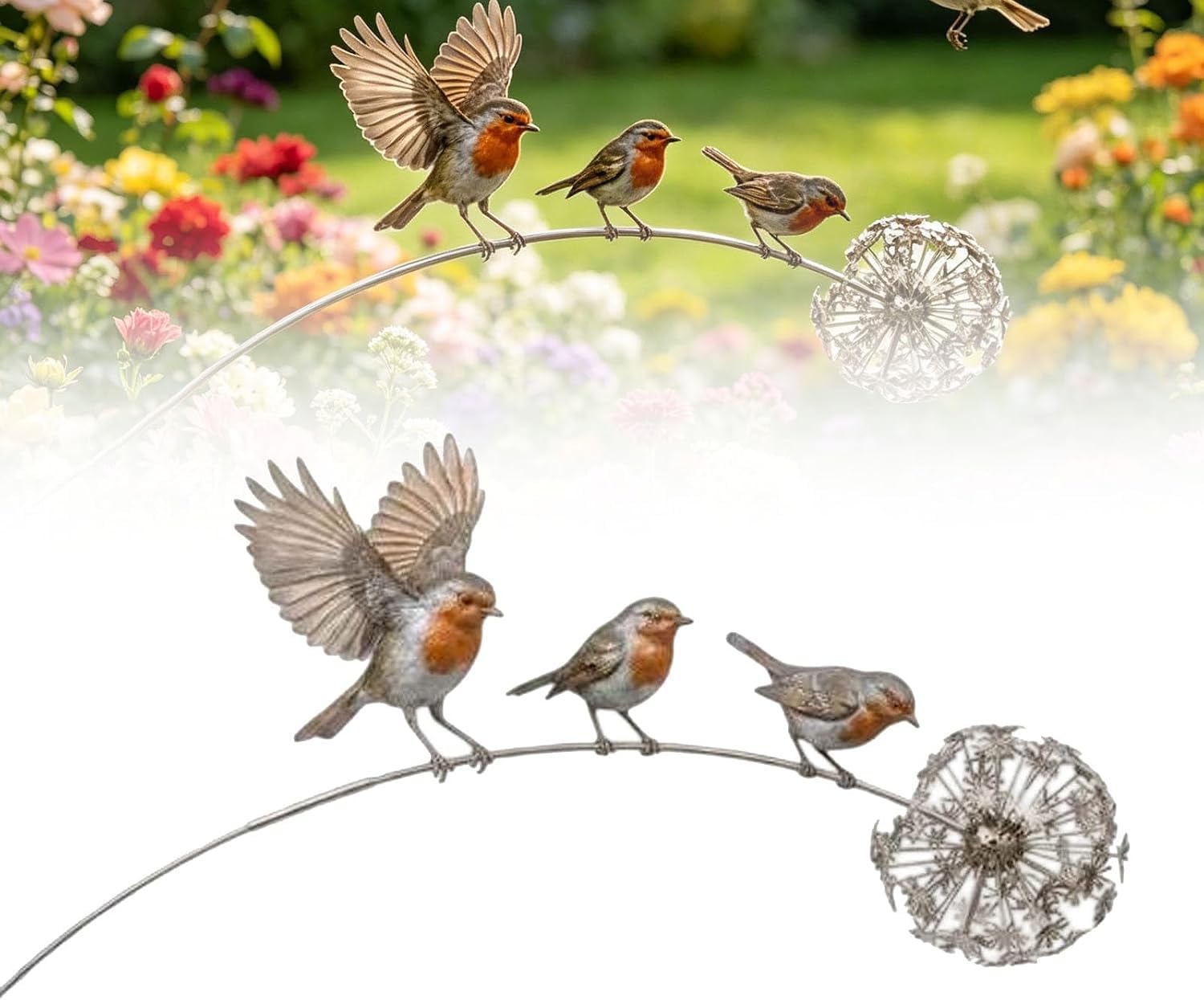 Szoziank Metal Robin Garden Ornament, Robin Garden Stake, Rustic Robin Bird Yard Art Decorations with Dandelion Accent, Metal Robins Bird Garden Sculpture, for Lawn Patio Flower Bed and Backyard