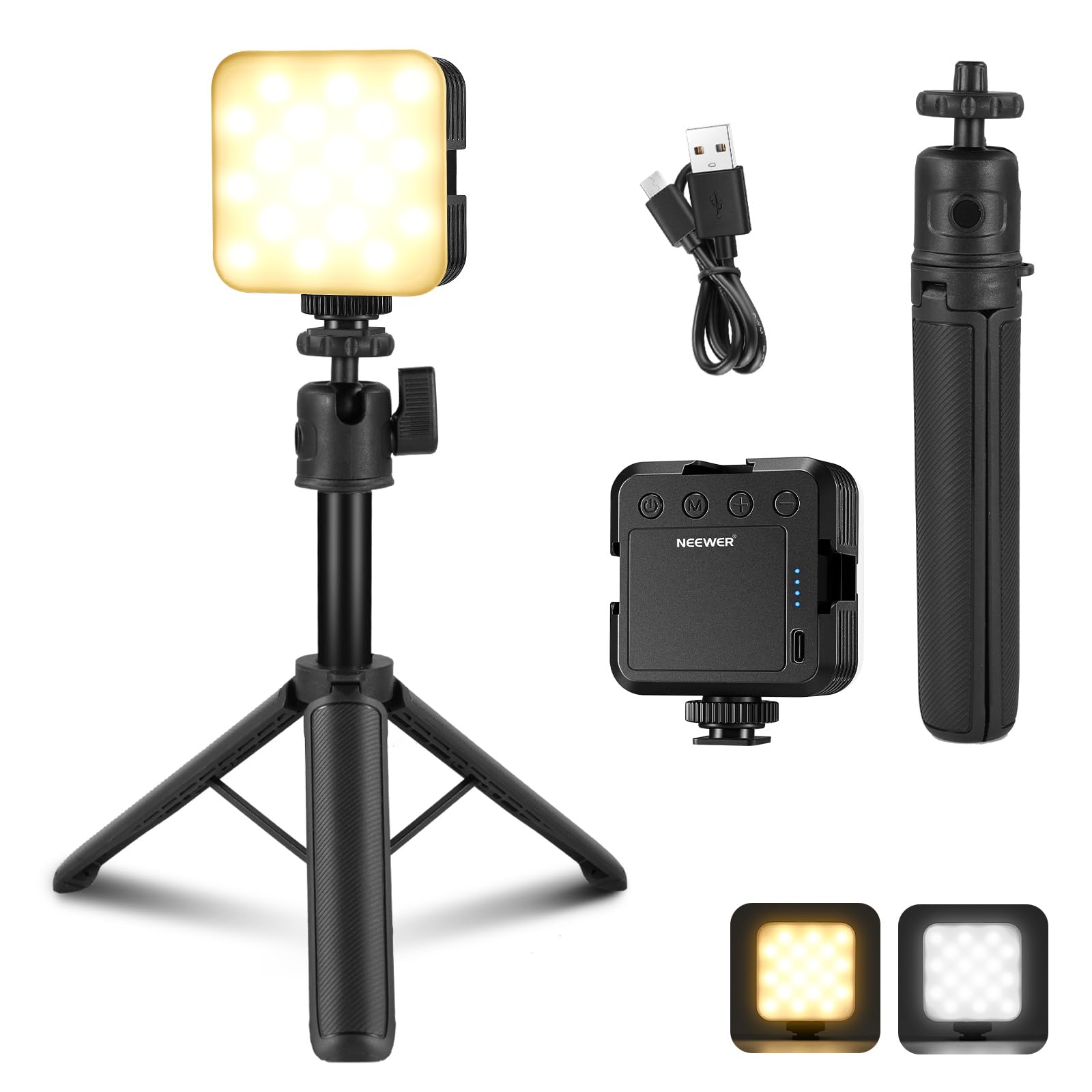 NEEWER LED Camera Video Light with Desk Tripod Stand, Portable Bi Color 3200K-5600K Dimmable Small Panel Lighting, CRI 97+ 8 Scenes 2000mAh Rechargeable Battery for Vlog Recording Photography, NL-36AI