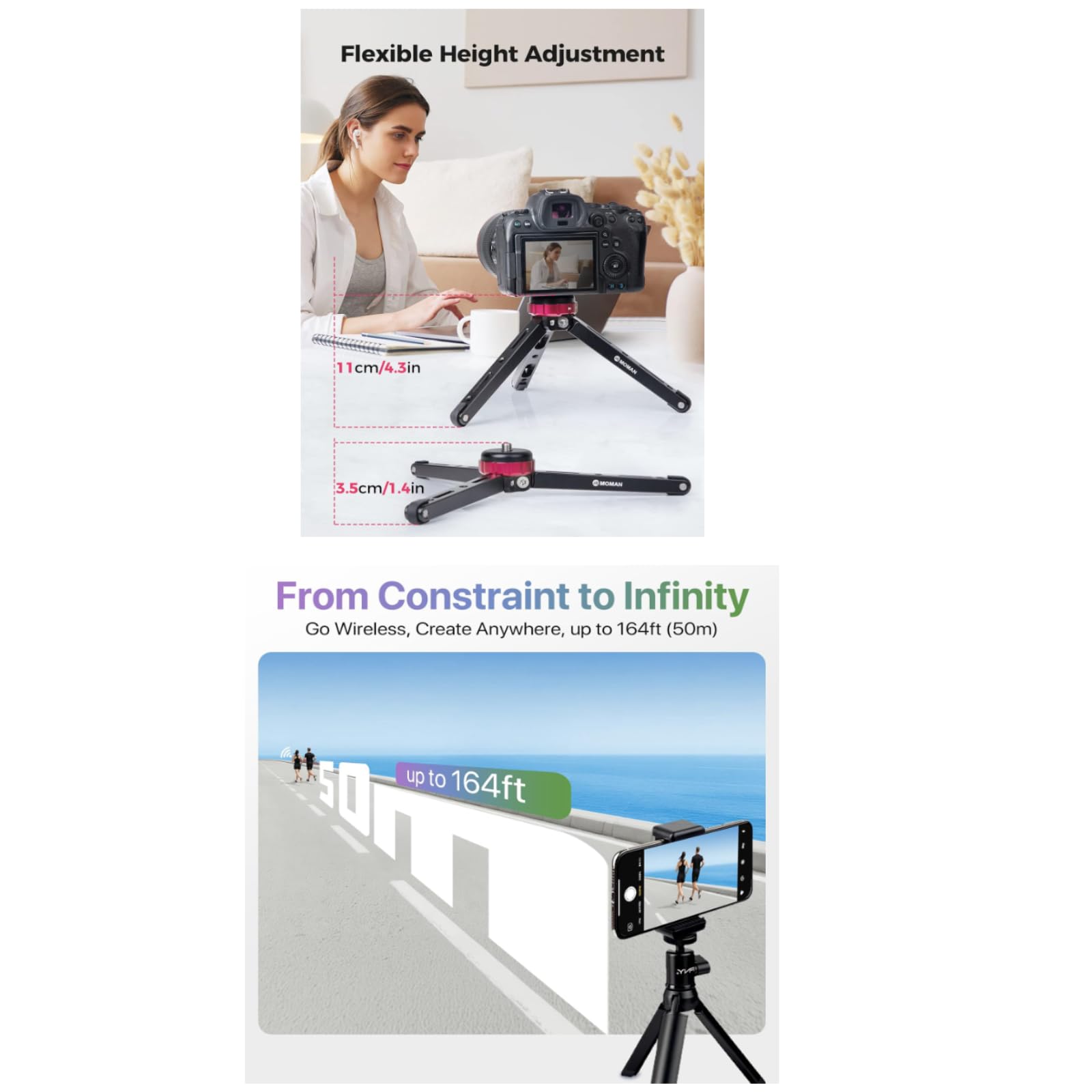 Mini Tripod Moman TR01 mały statyw stołowy mały statyw do aparatu CNC aluminium 1/4 3/8 mocowanie śrubowe maks. 80 kg obciążenie do Canon, Sony, Nikon, Panasonic DSLR, kamery, smartfona, gimbal,