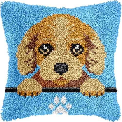 Image of Golden Retriever Puppy Latch Hook Kits for Adults Kids, Beginners DIY Throw Pillow Kit Pre-Printed Pillowcase Hook and Latch Rug Kits Cross-stitch Cushion Cover for Home Sofa Decoration 17x17 in.