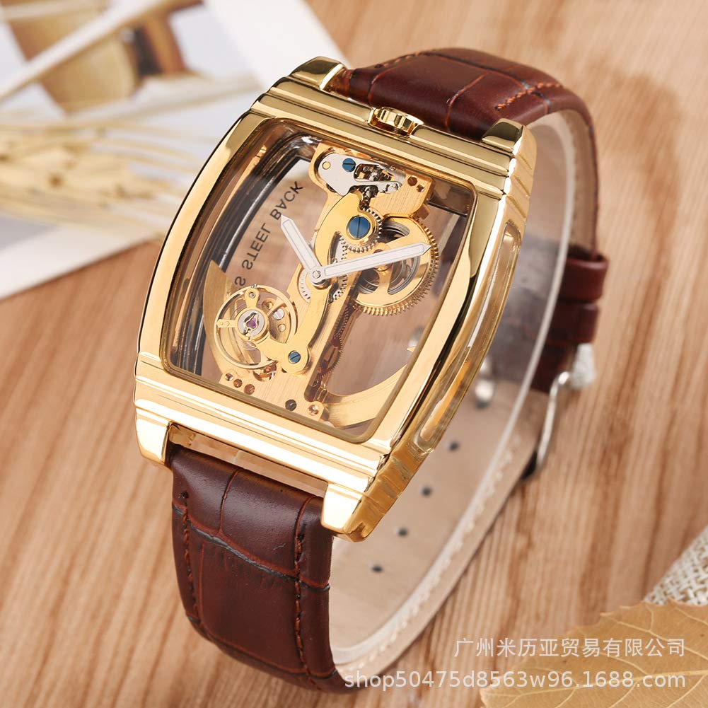 MASTOP Relojes de pulsera de cuero mecánicos para hombre, de lujo, transparente, automático, Steampunk, esqueleto, Dorado marrón, Classic