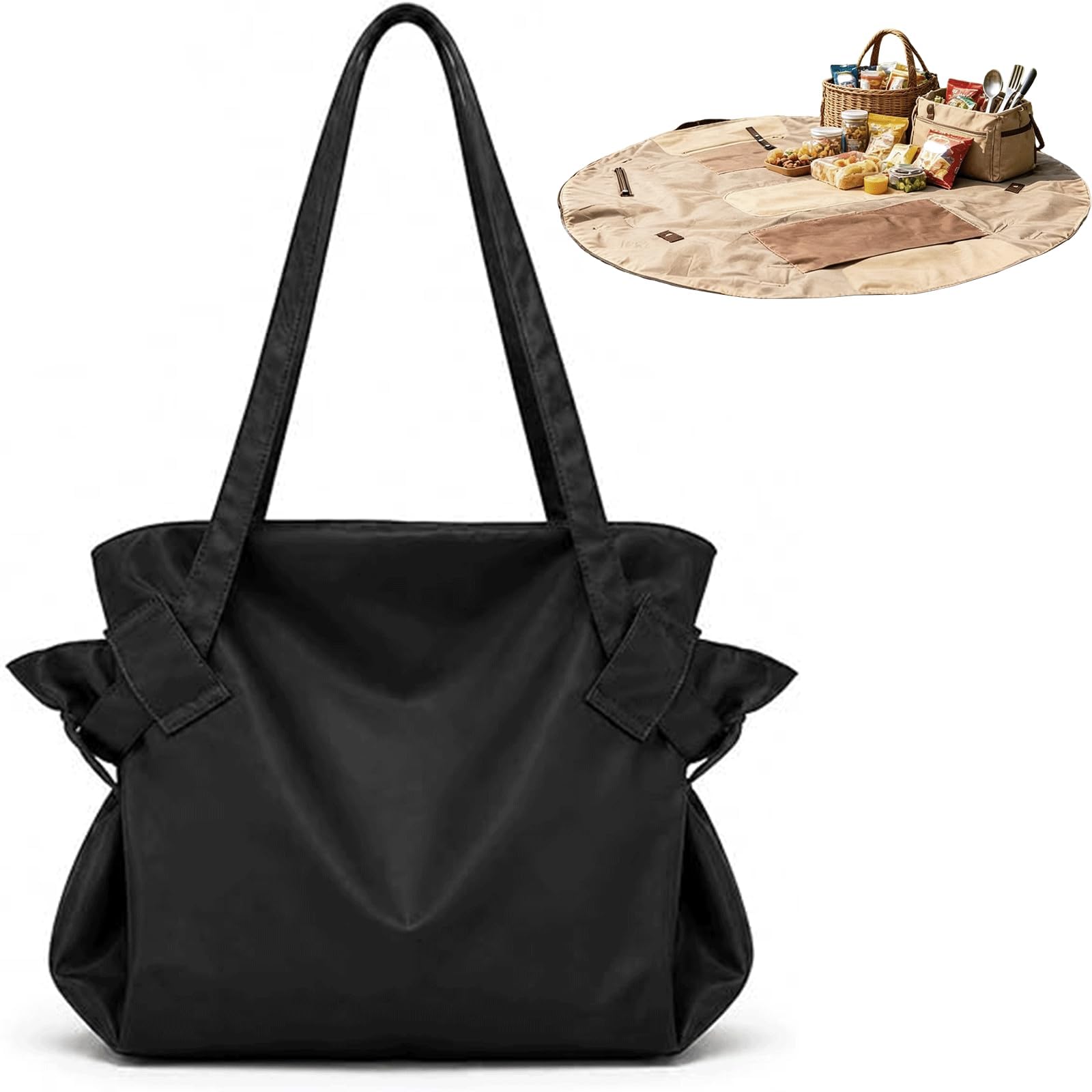 2‑in‑1 Lay-Flat Drawstring Tote, Reusable Camping Mat & Storage Bag、Black