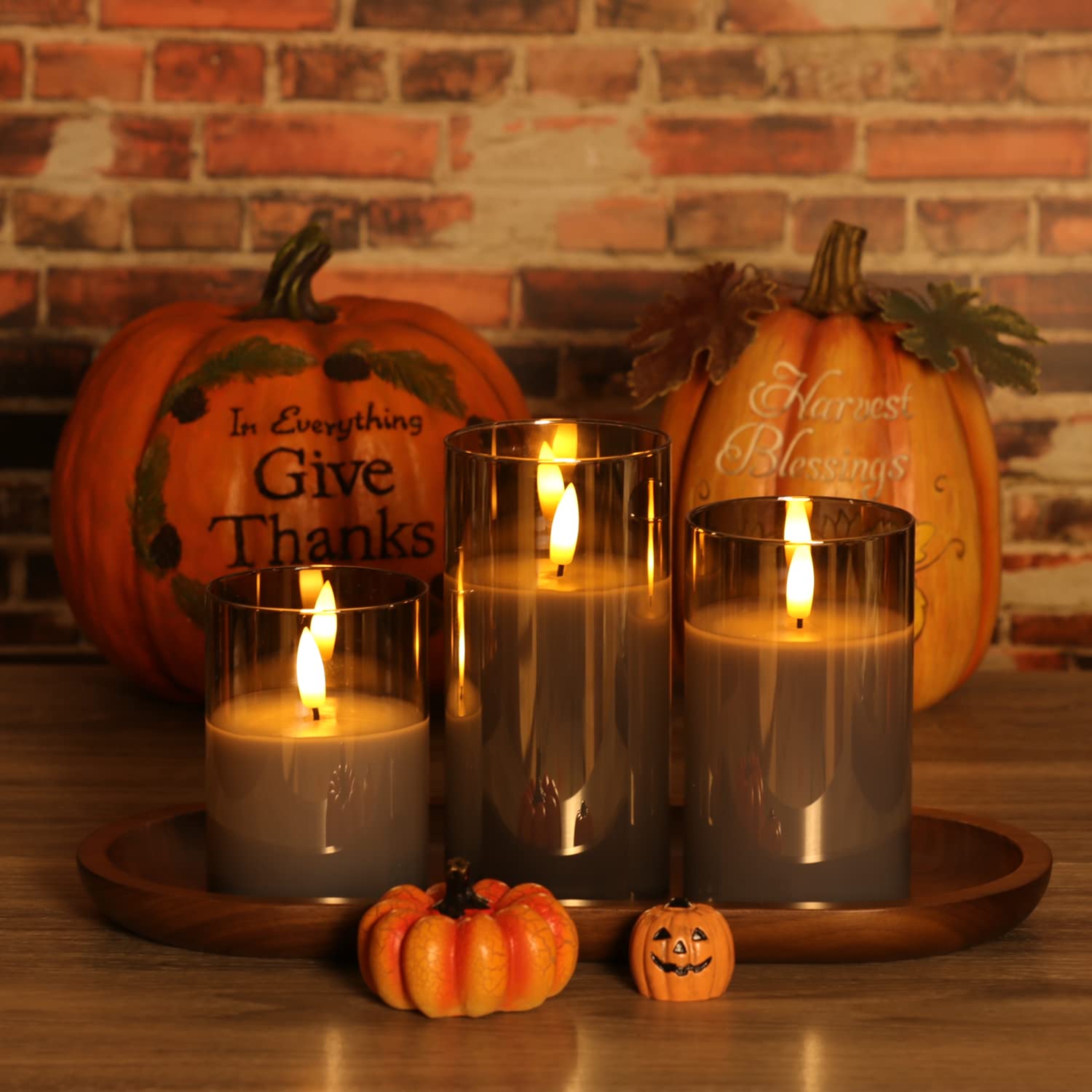 OWLBAY Set of 3 Gray Glass Flameless Candles with Remote and Timer, Real Wax Tamped Battery Operated LED Pillar Candles with Flickering 3D Flame, D 3" H 4" 5" 6"