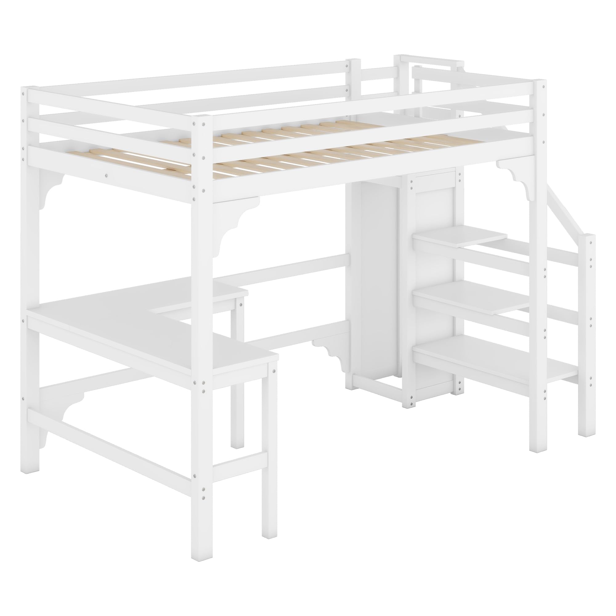 Wiuzo Letto a soppalco, 140 x 200 cm, elegante scrivania a forma di L, in legno di pino, stile minimalista, bianco