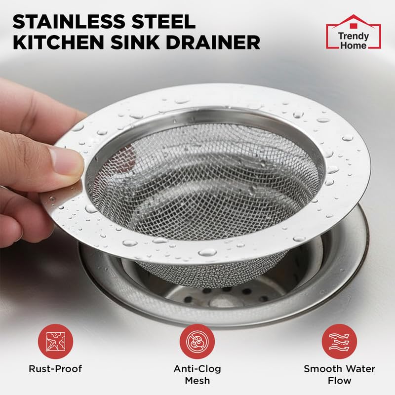 Image of Trendy Home Stainless Steel Kitchen Sink Strainer Jali, 11x11x3.5 cm | Pack of 1, Rustproof Anti Clog Sink Drain Cover Filter For Waste Coupling
