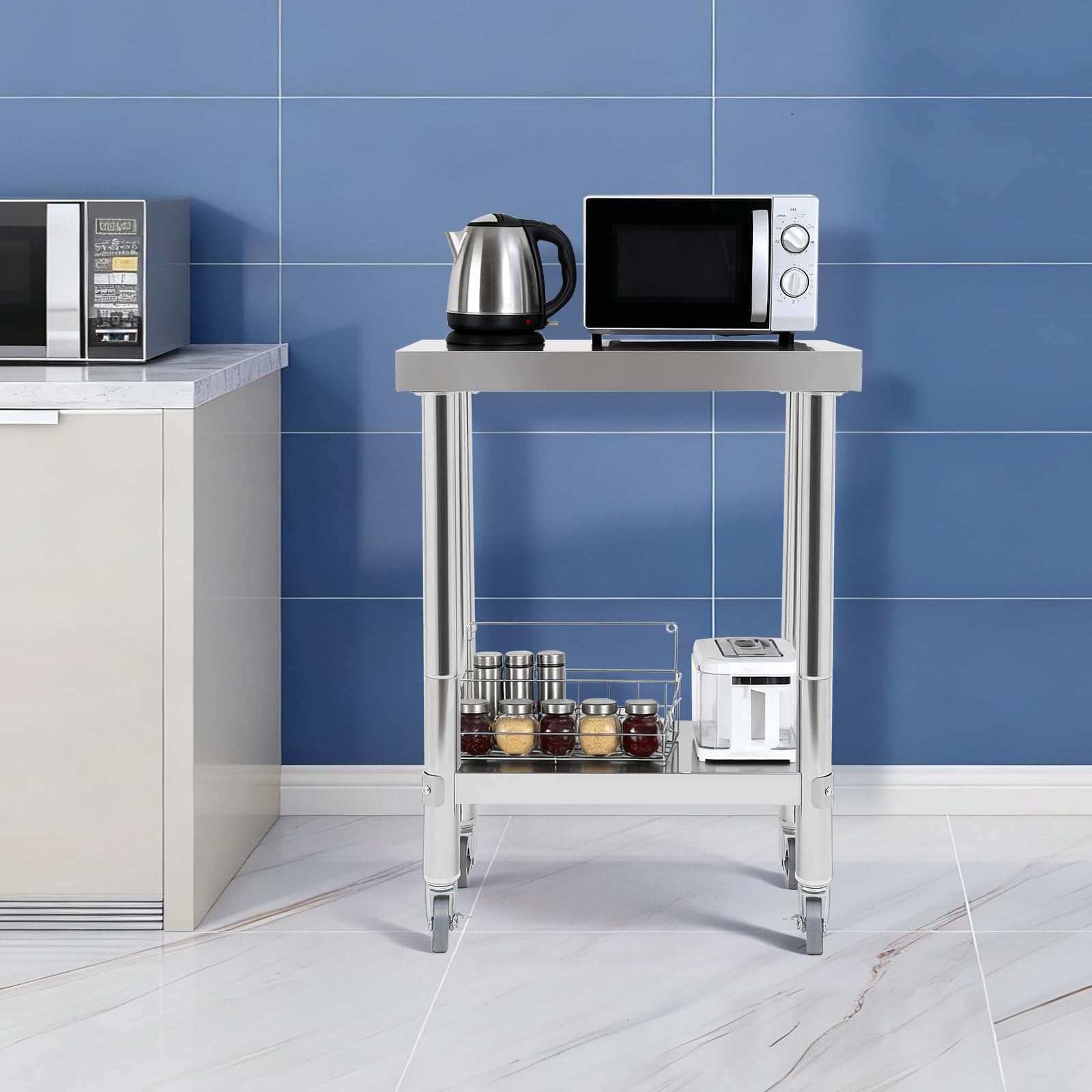 Table de Travail INOX,Table de Travail Cuisine,Préparation 2 Niveaux,Rangement 2 Niveaux,Équipée de 4 roulettes Dont 2 avec Frein,Charge 300kg, Cuisine Restaurant Hôtel Maison,60x45x85cm