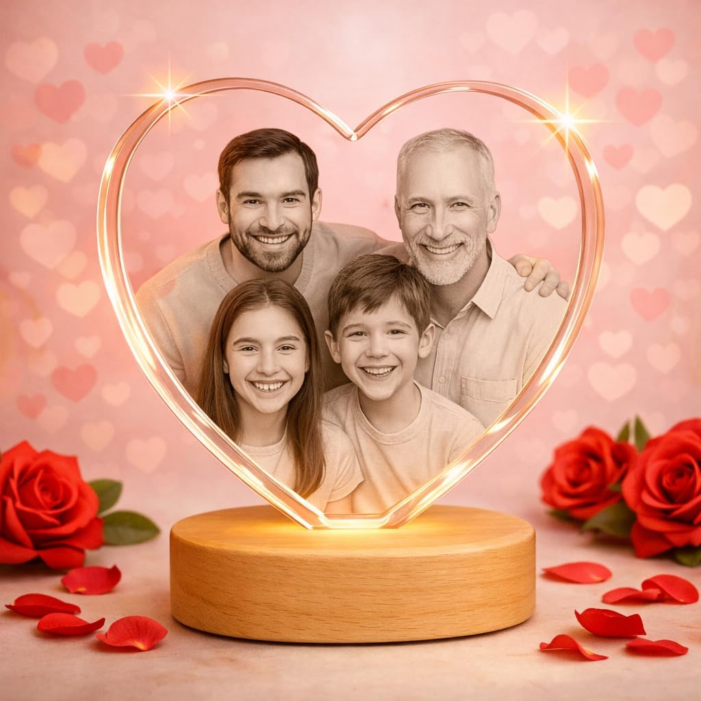 3D LovePix Personalized 3D Crystal Photo - Optional Multicolor Light Base| Gift Box| Customized Laser Etched Crystal Photo for Moms, Dads, Birthdays, Christmas & Celebrations - Heart (Medium)