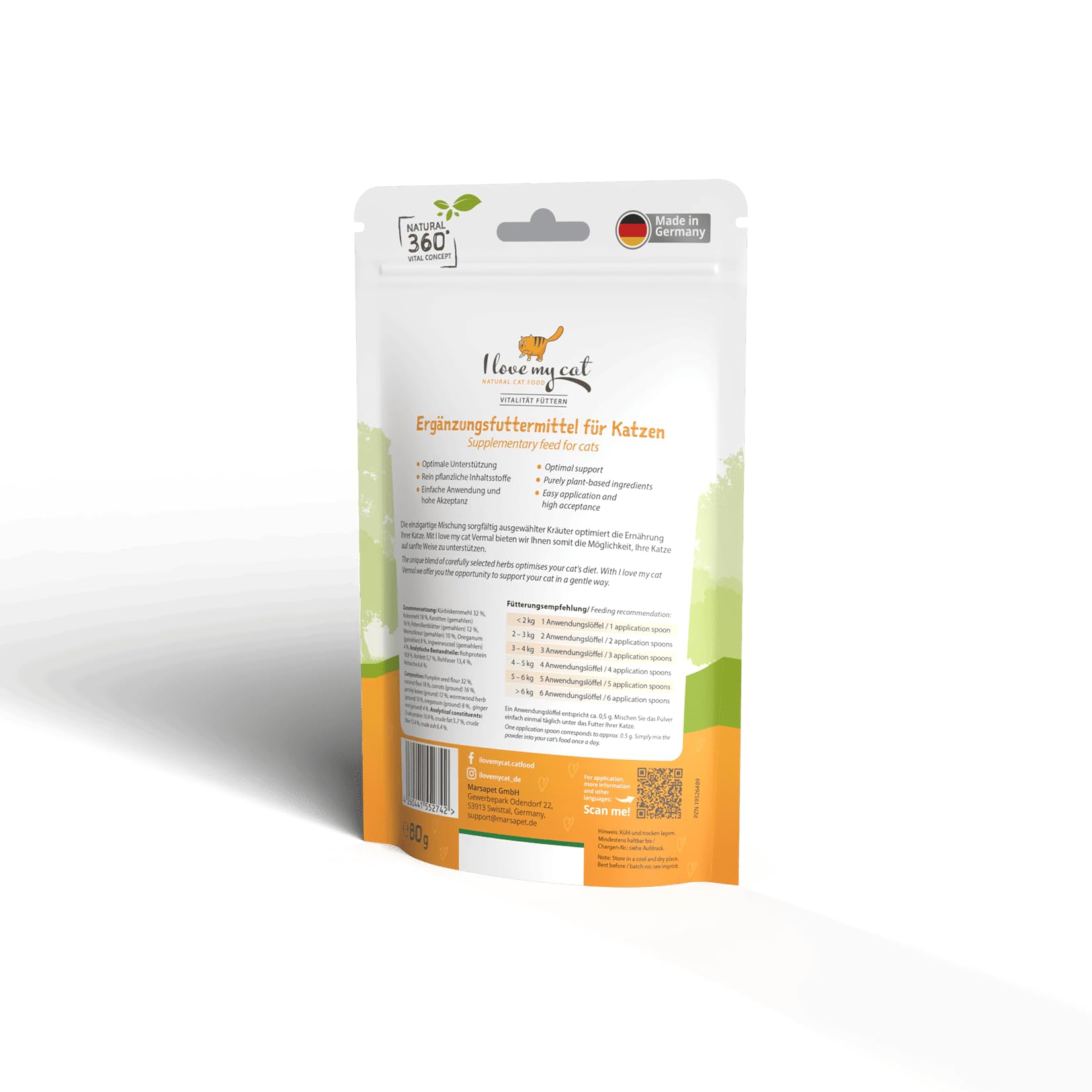 I Love My cat Vermal Pulver - Ergänzungsfuttermittel für Katzen mit Kokosmehl und Kürbiskernen – 80 g