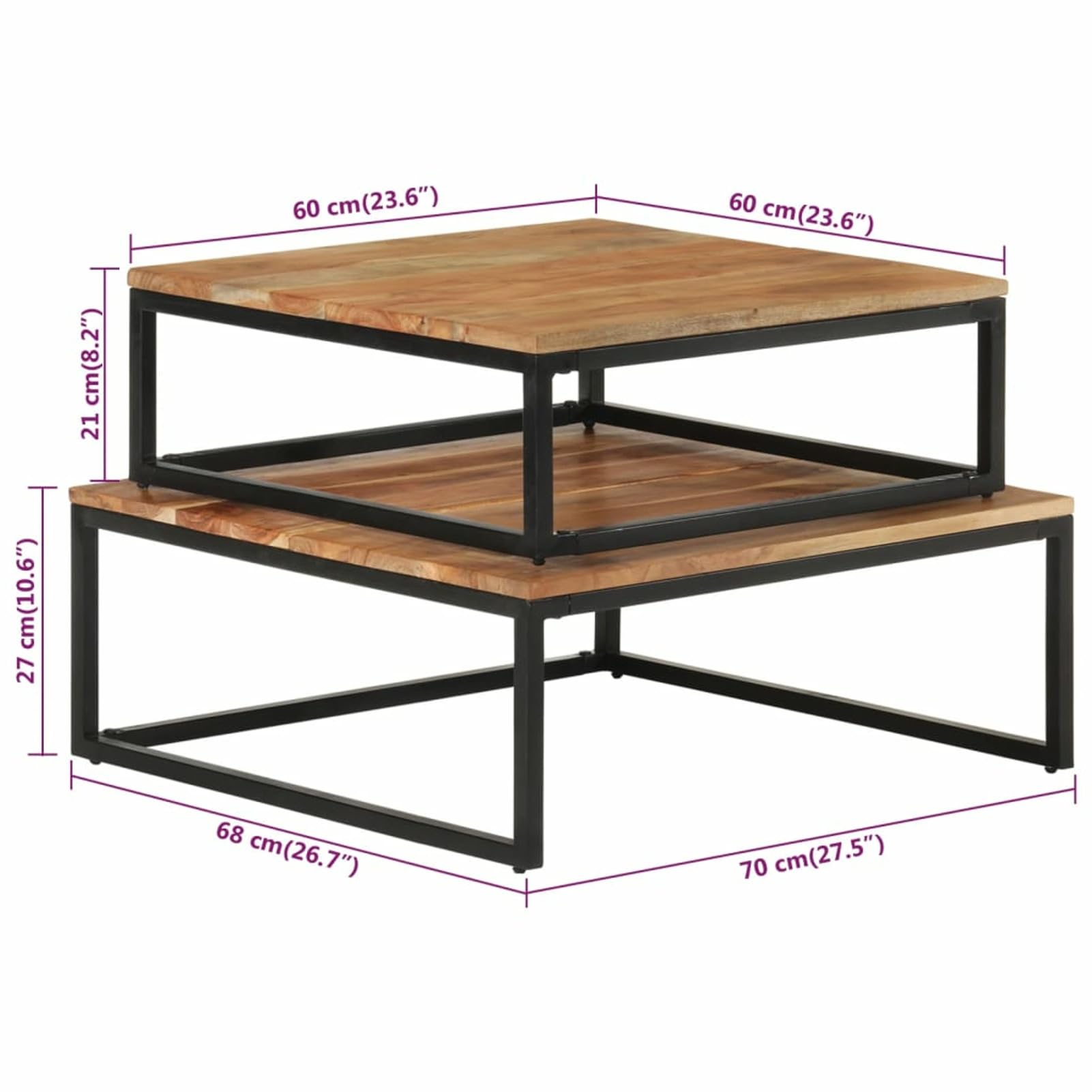 Homgoday Lot de 2 tables basses gigognes en bois d'acacia massif pour salon, salle de réception d'invités, chambre à coucher et mobilier de bureau