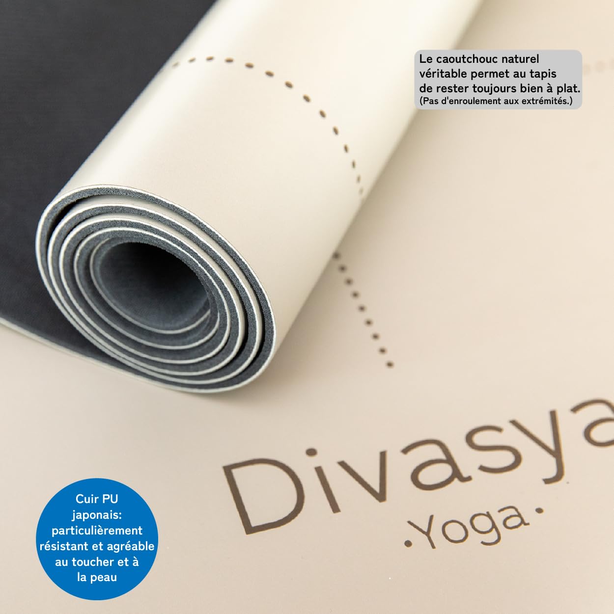 Tapis de yoga: caoutchouc naturel véritable antidérapant & adhérence maximale, extra large, long & épais (185x68x0,45cm), sangle de transport, également tapis Pilates