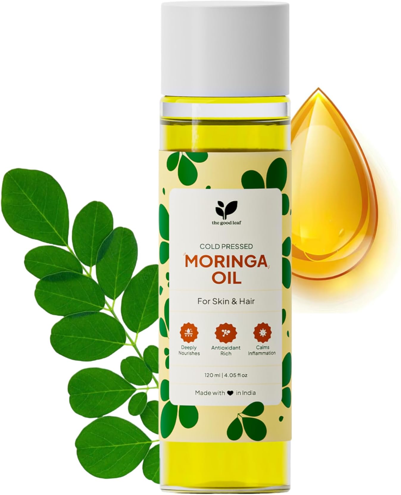 Cold-Pressed Pure Moringa Seed Oil | 120ml | Nourishes Skin & Hair, Reduces Hair Fall & Dandruff, Evens Skin Tone | With Vitamin A,C,E & Iron | Anti-Inflammatory & Preservative-Free