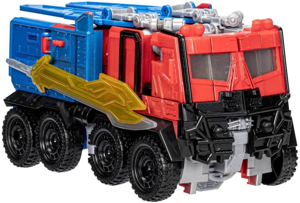 The Optimus Prime figure in vehicle mode, a large red and blue truck with the golden sword accessory attached to its side.
