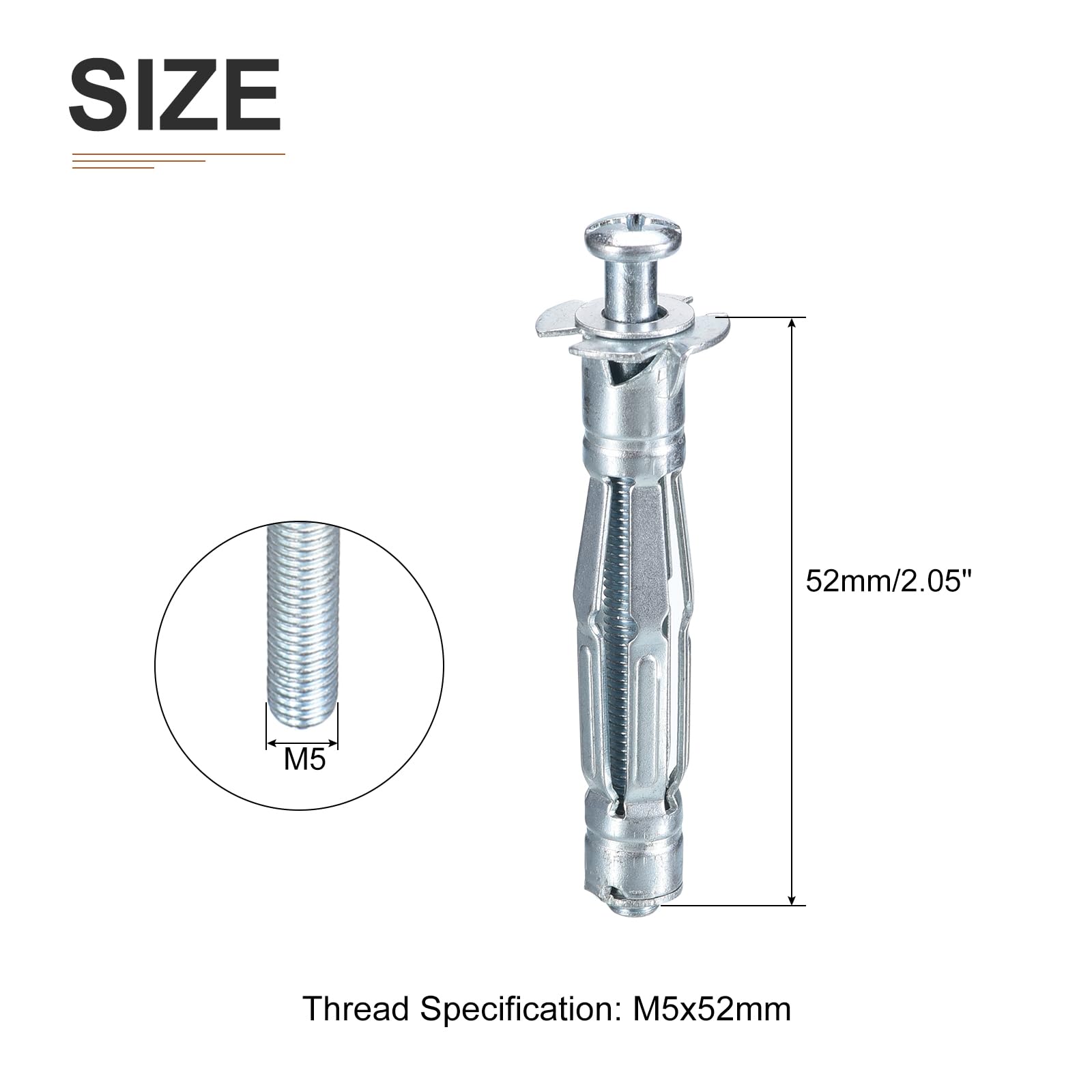 DTGN M5x52mm Hollow Wall Anchors - 30 Pack - Good for Hollow Wall Plaster Walls - Carbon Steel Hollow Drywall Anchors Screws, Silver - Image 2