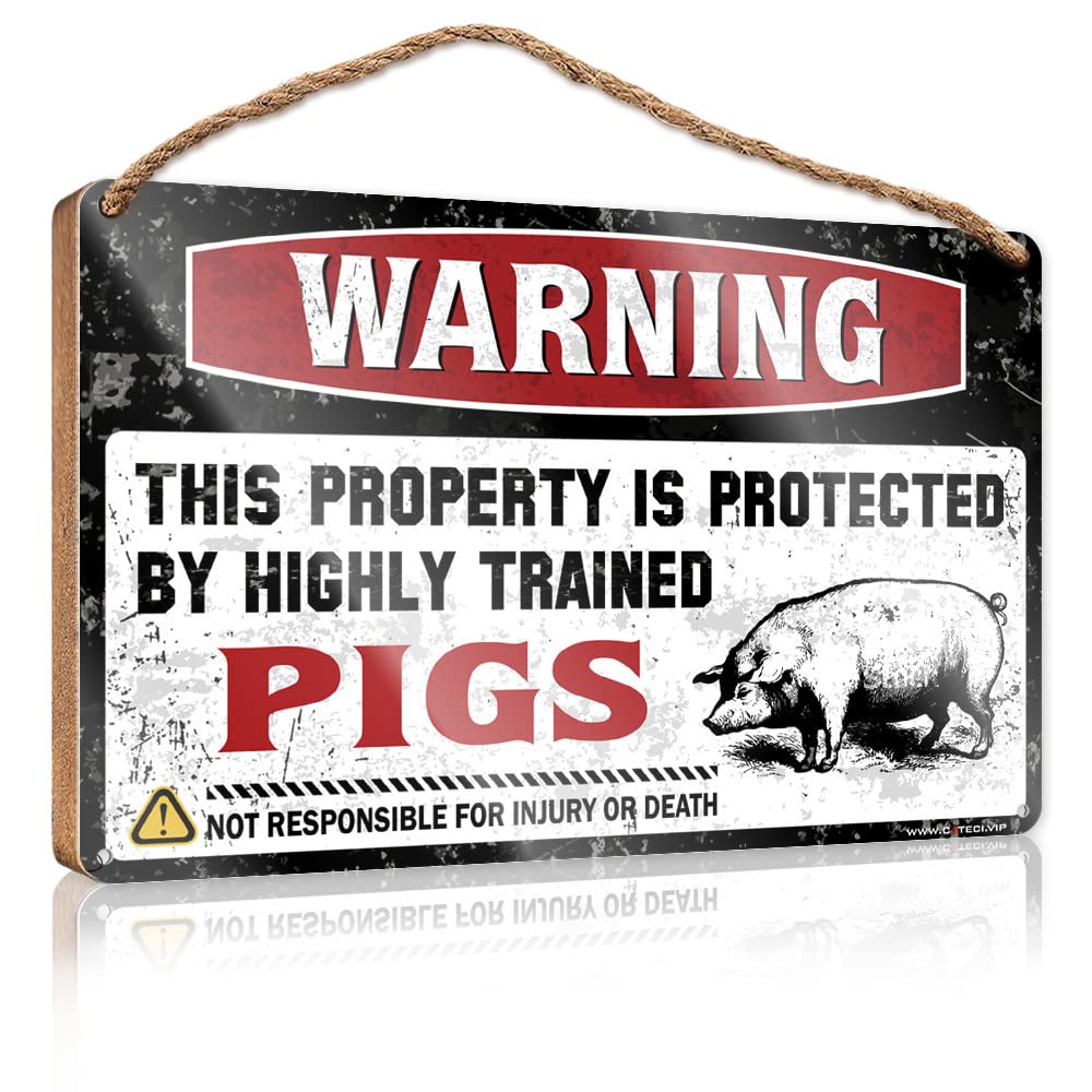 FZFN Bathroom Wall Wood Sign Warning This Property Is Protected By A Highly Trained Pigs Wooden Sign Funny Bathroom Signs Signs & Plaques(23X35CM)