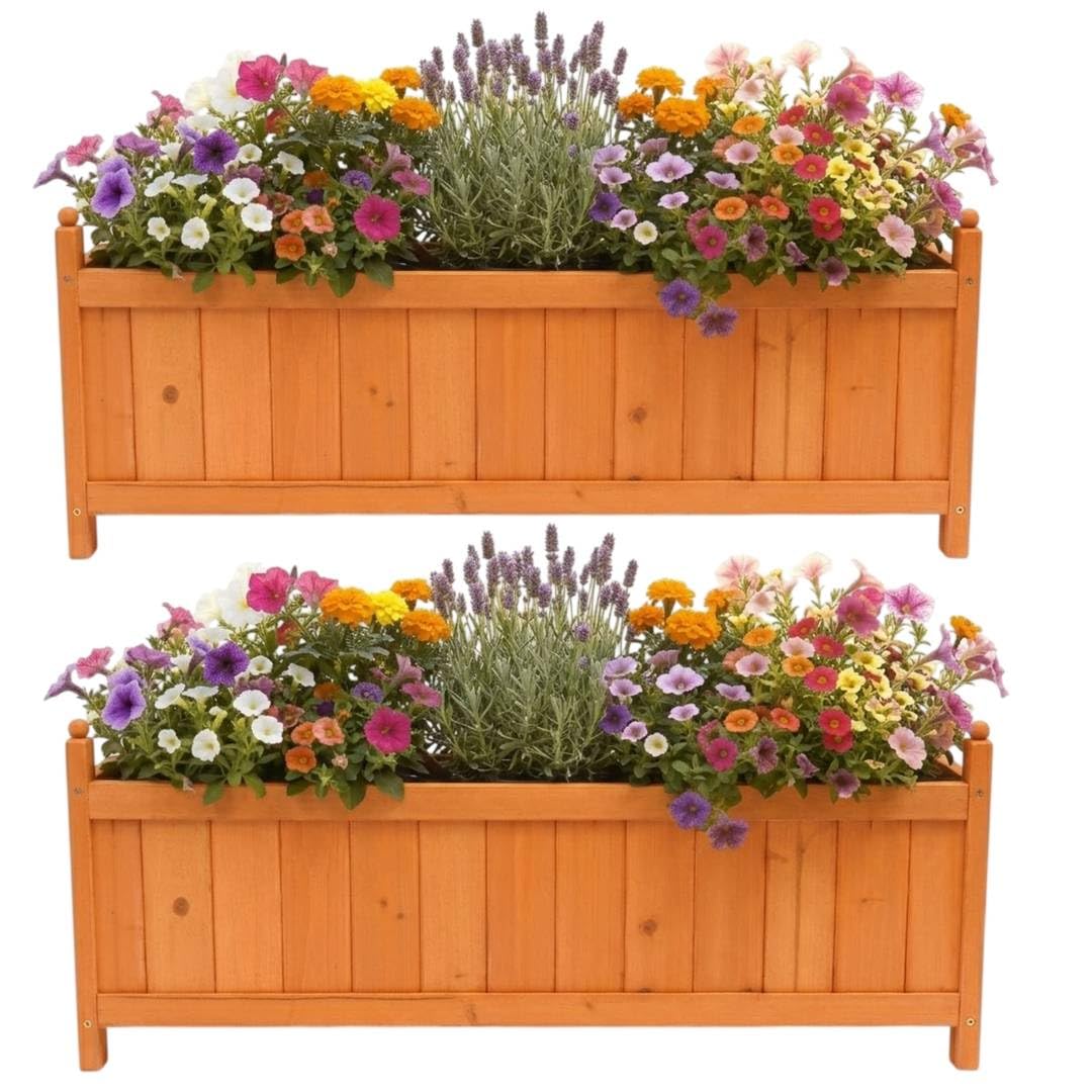 LOVETRENDS Long Wooden Garden Planter - Pack of 2-90cm Rectangular Trough, Generous 35cm Depth, Outdoor Flower, Herb and Vegetable Box for Patio, Balcony and Decking, Natural Timber