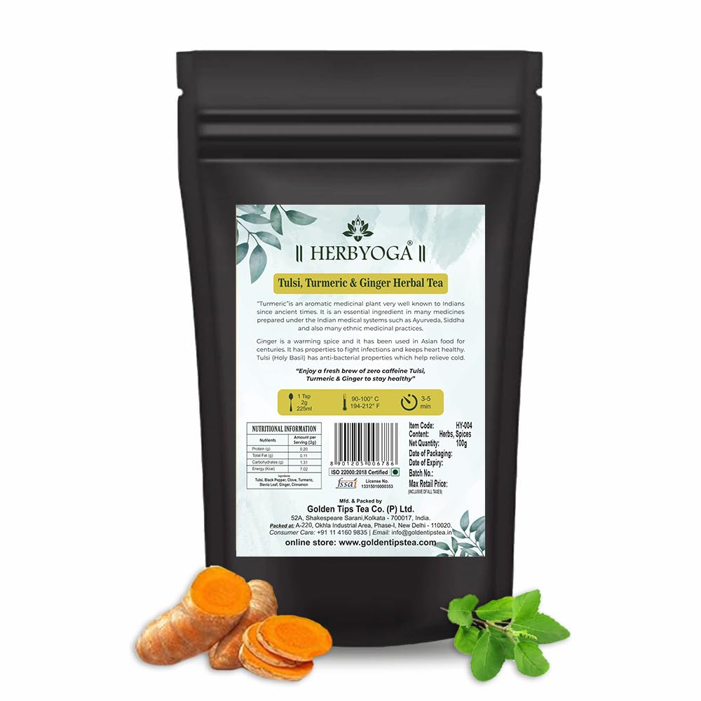 See full amazon price history chart for Golden Tips HERBYOGA Herbal Tea Tulsi, Turmeric and Ginger Pouch (100 Gram, 50 cups) Golden Tips HERBYOGA Herbal Tea Tulsi, Turmeric and Ginger Pouch (100 Gram, 50 cups) (B08VS1ZD6B) Amazon Price History, Amazon Price Tracker
