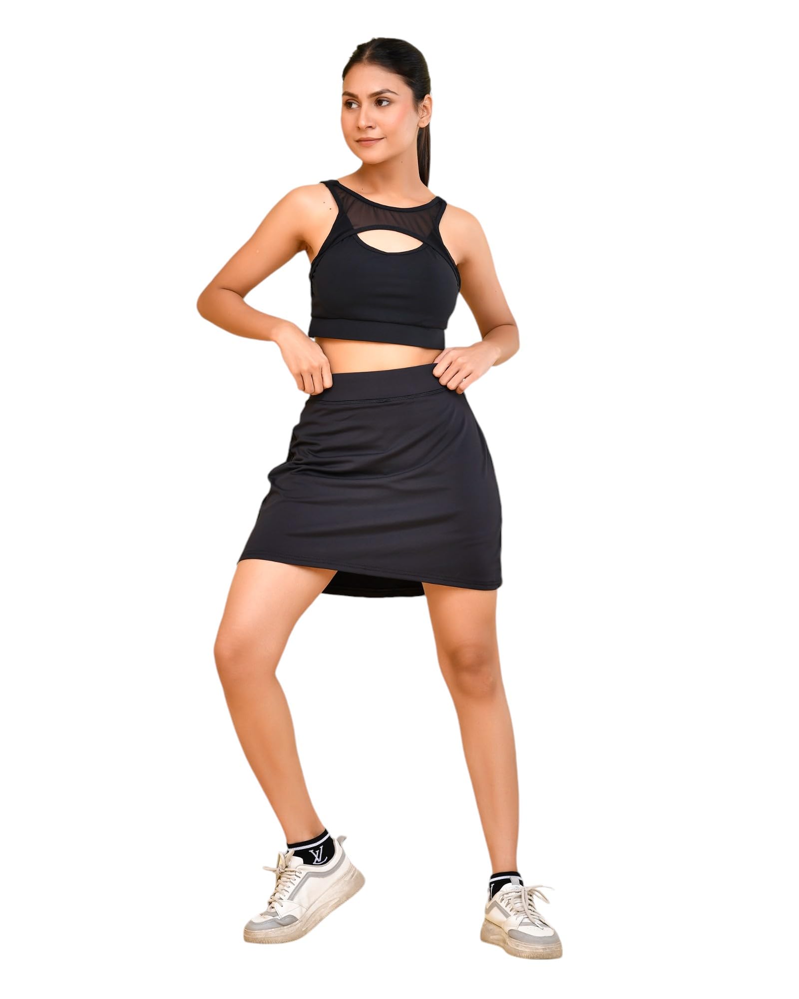 Premium Skorts Top High Waist Stretchable Gym Shorts Skorts and Net Padded Bra Gym wear/Active WearZumba/Dance Womens Workout Skorts Pants and Bra Stretchable Workout set(Removable Pads)