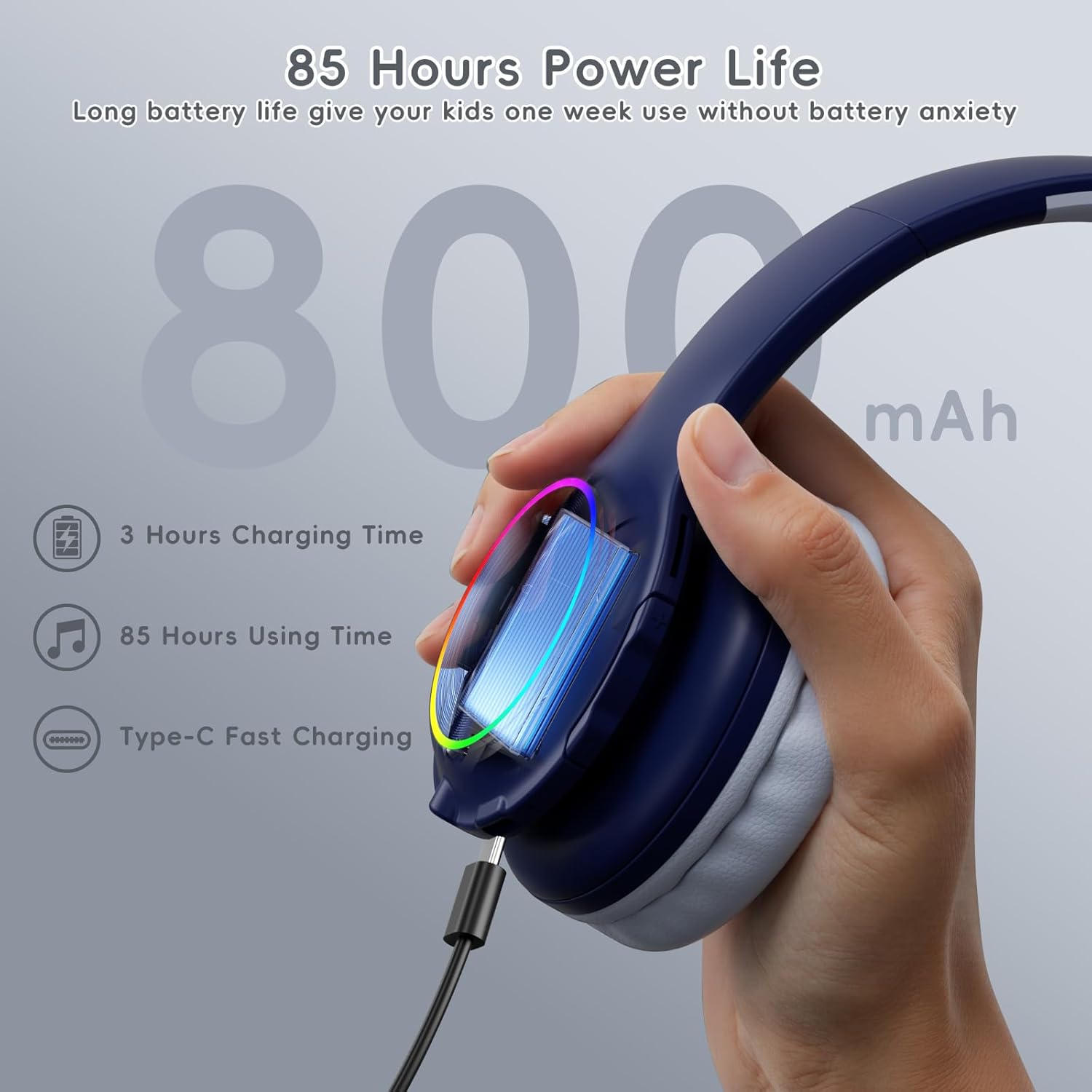 Kids Bluetooth 6.0 Headphones with LED Light, 85Hours Playtimes, Type-C Fast Charging, 85/94dB Volume Limited, Comfort Wireless Headphones with Built-in Mic, Wired & TF Card Mode, Navy Blue