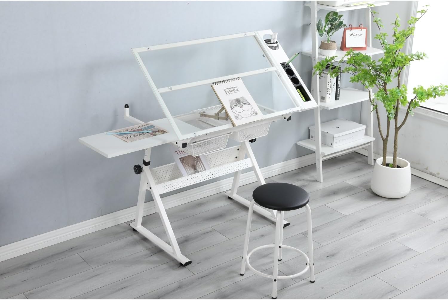 Dawn White Adjustable Tempered Glass Drafting Printing Table with Chair