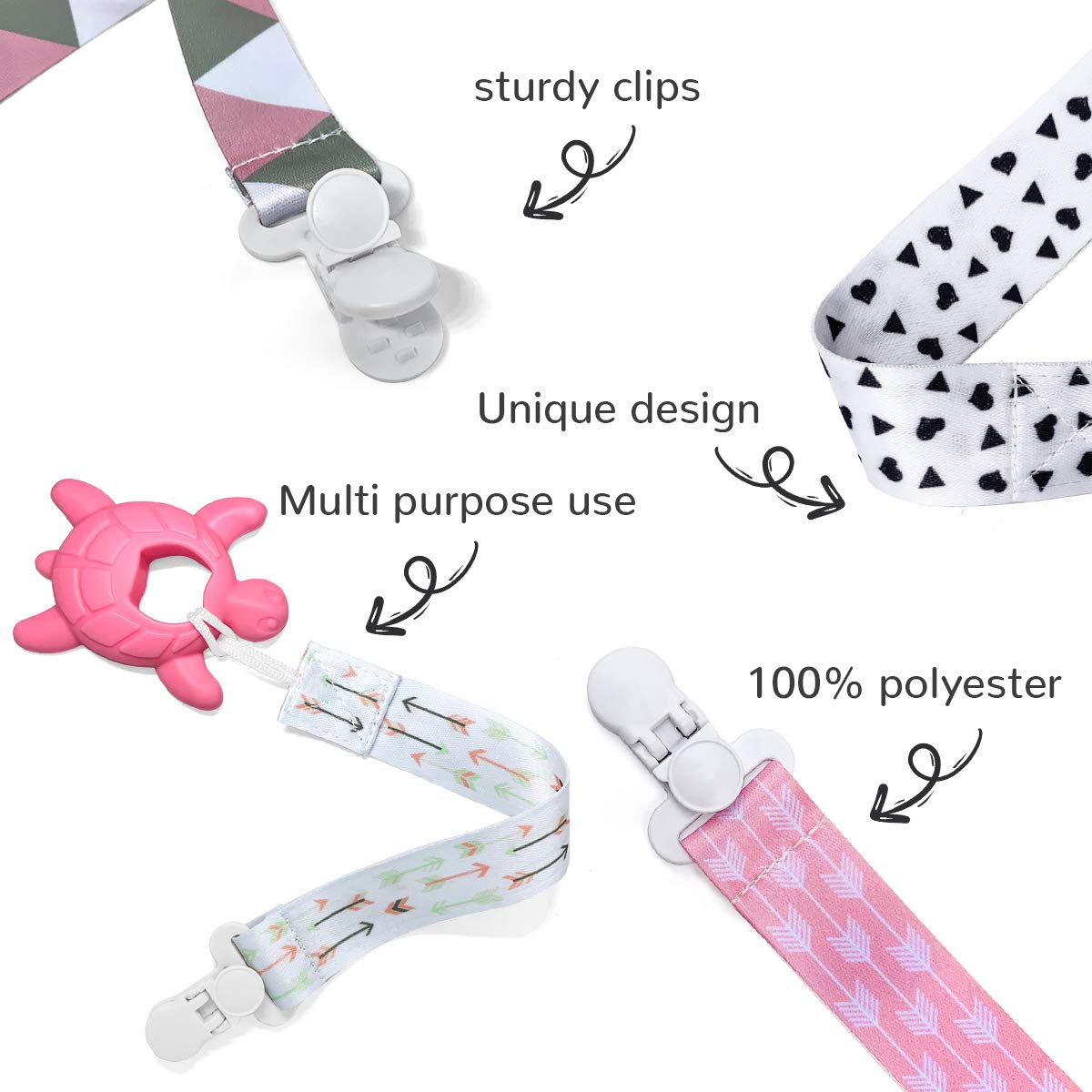 Habadeer Baby Pacifier Clips Girls 4 Pack Universal Pacifiers,Teething Toys, Baby Bibs