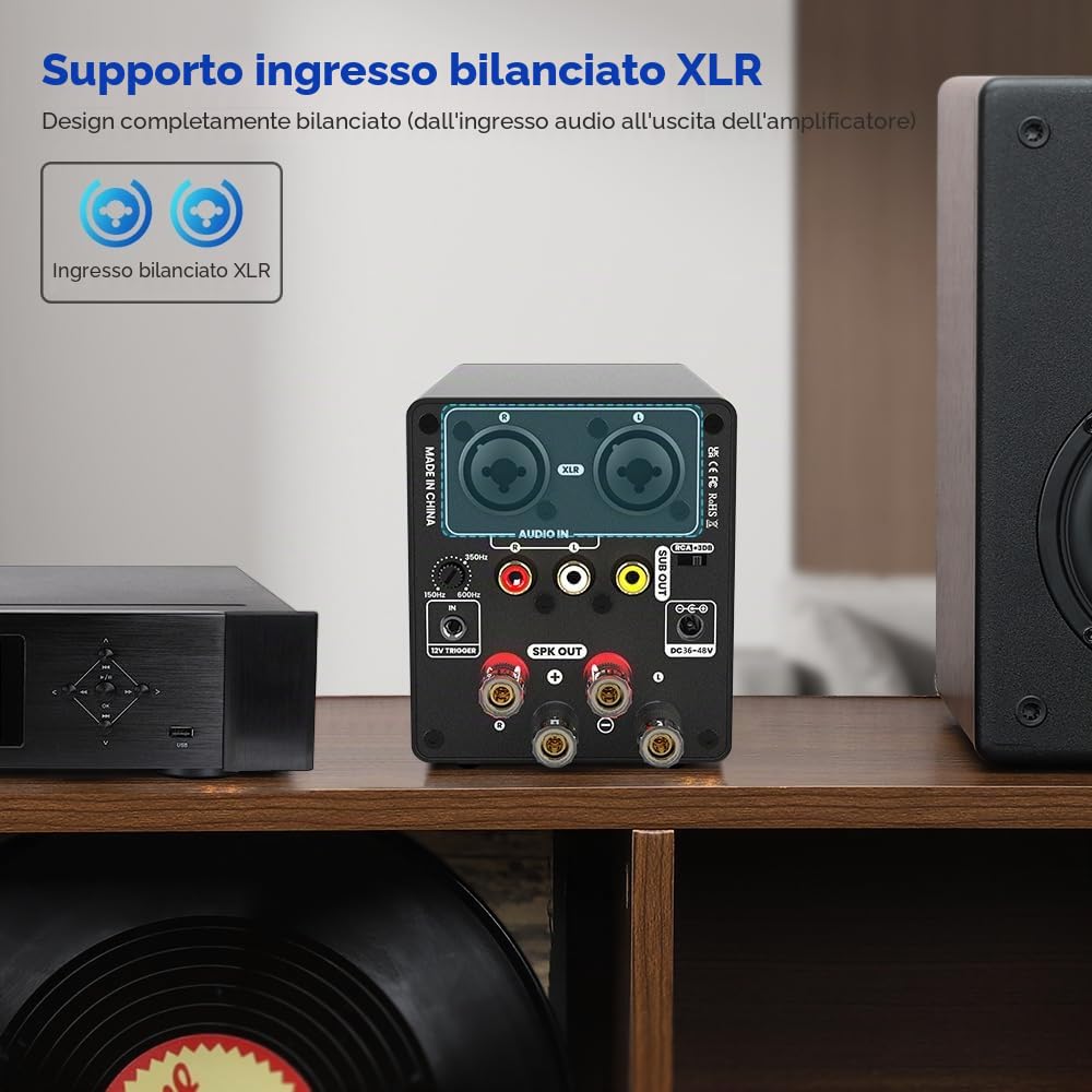 AIYIMA Amplificatore stereo simmetrico A70 con PFFB 4 Ohm 300 Watt TPA3255 2.0 canali, classe D per altoparlanti home theater con ingressi XLR e RCA e ingresso trigger (alimentatore DC48V 5A)