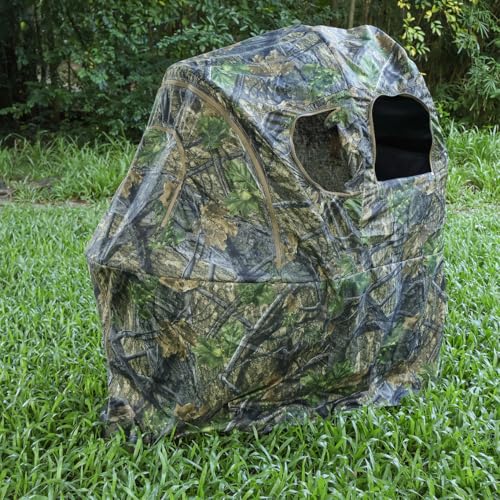 See-Through Hunting Ground Blind with Built-in Chair for Deer Hunting - 1 Person Pop-Up Camouflage Tent