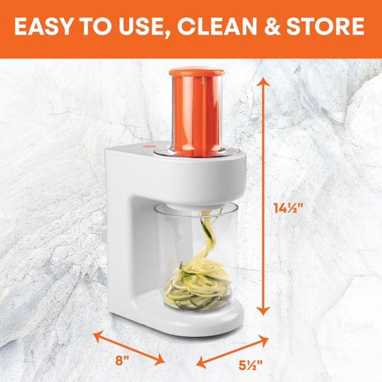 Dimensions of the MasterChef Electric Spiralizer: 14.5 inches tall, 8 inches wide, 5.5 inches deep.