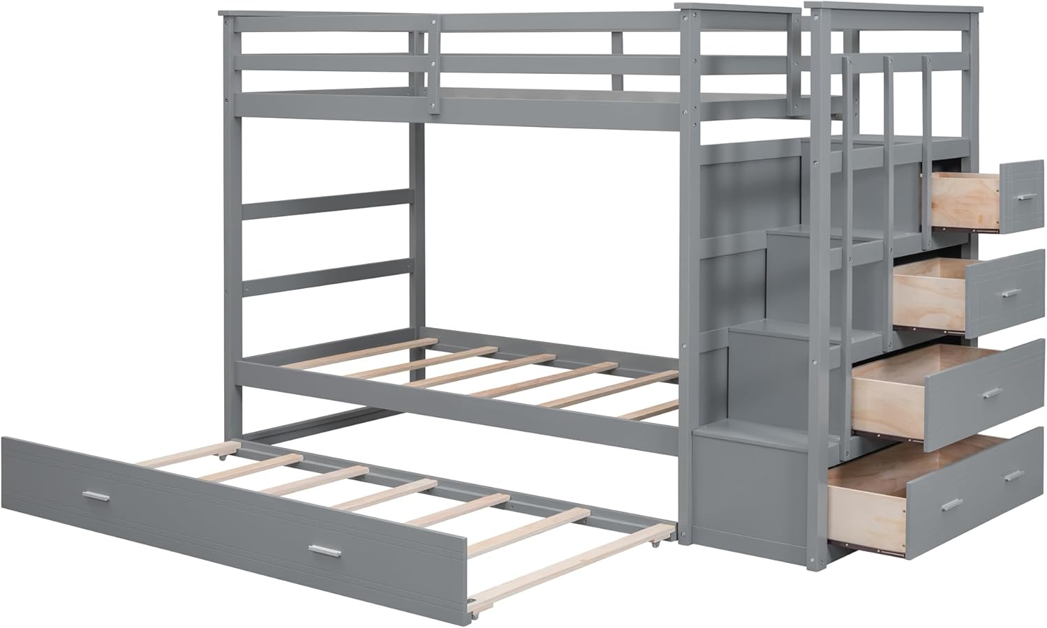 Bellemave Bunk Bed with trundle pulled out and staircase drawers open, demonstrating functionality.