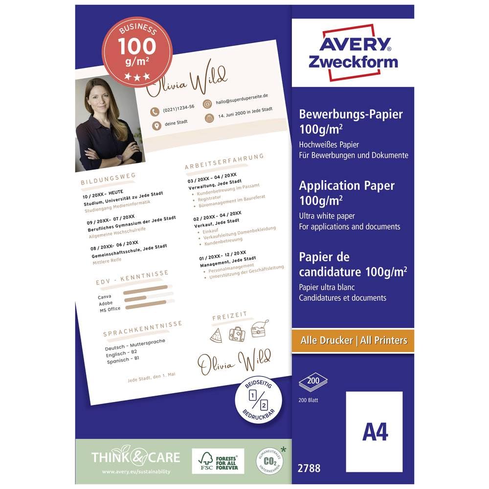 Avery Zweckform 2788 A4 (210×297 mm) Satinata Bianco carta inkjet