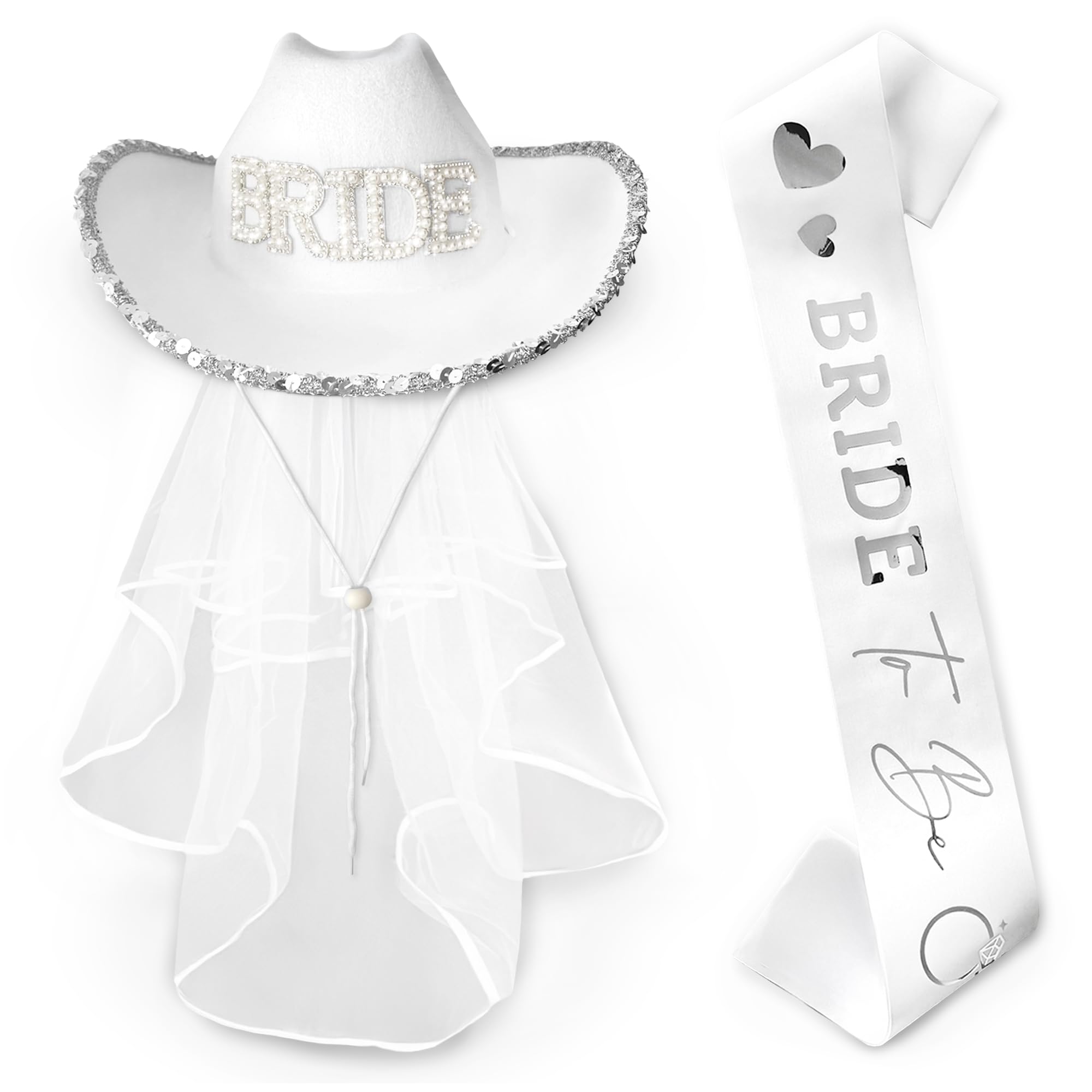 Bride Cowboy Hat with Veil & Satin Sash (Hat & Sash Set) with Bride to Be Foil Text for Women Cowgirl Costume for Fancy Dress Western Festivals Hen Party Accessories