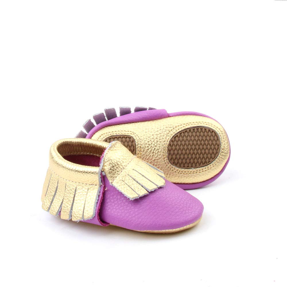 Starbie Anti-Slip Baby Moccasins - 20+ Colors, Moccasins for Infant, Baby, Toddler, Walking Shoes for Girls and Boys (5, Purple+Gold)