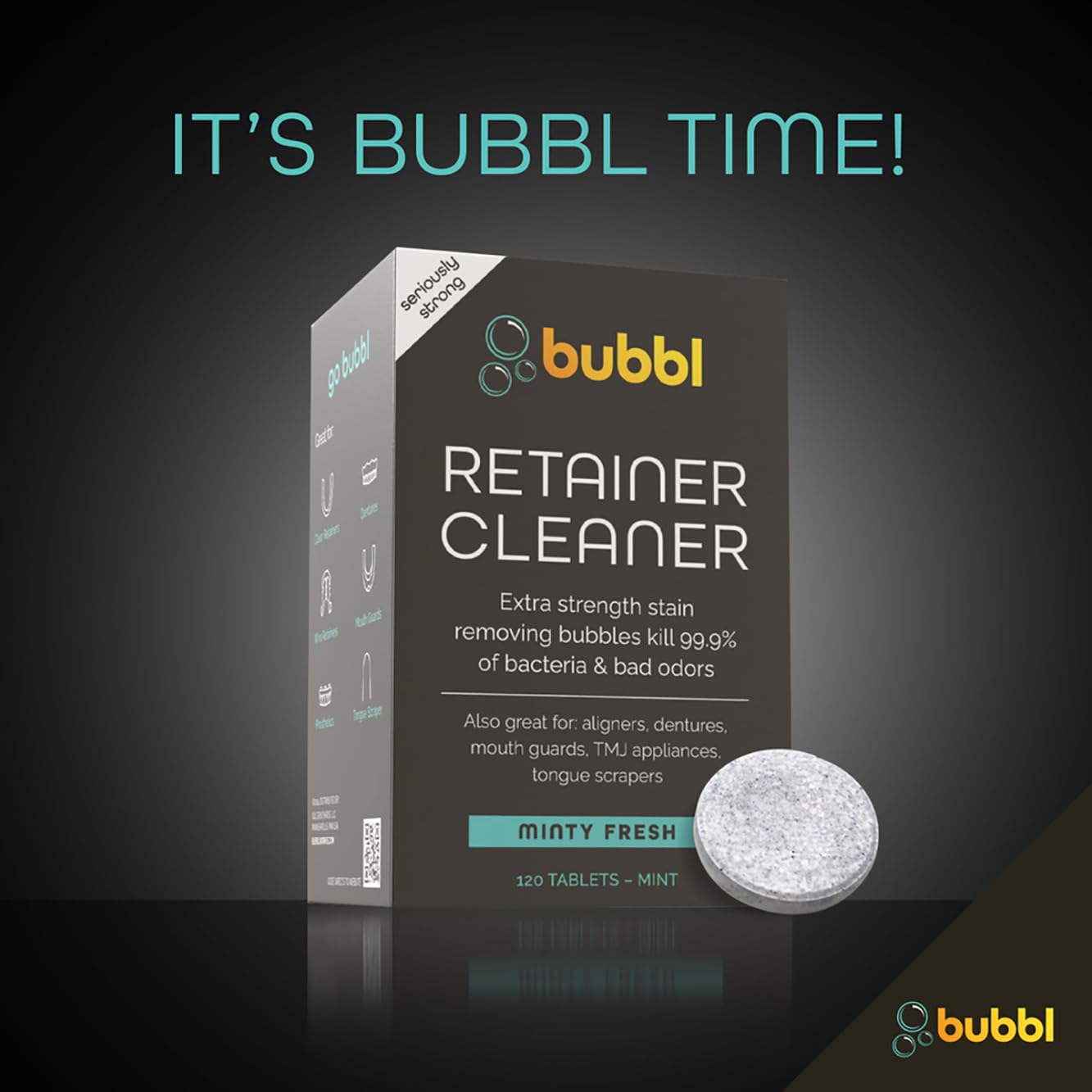 Bubbl 120 pastillas limpiador para Invisalign Wire Retainer Cleaner Night Guard Cleaner y más, elimina olores y manchas para tazas o limpiador ultrasónico, 4 meses de stock