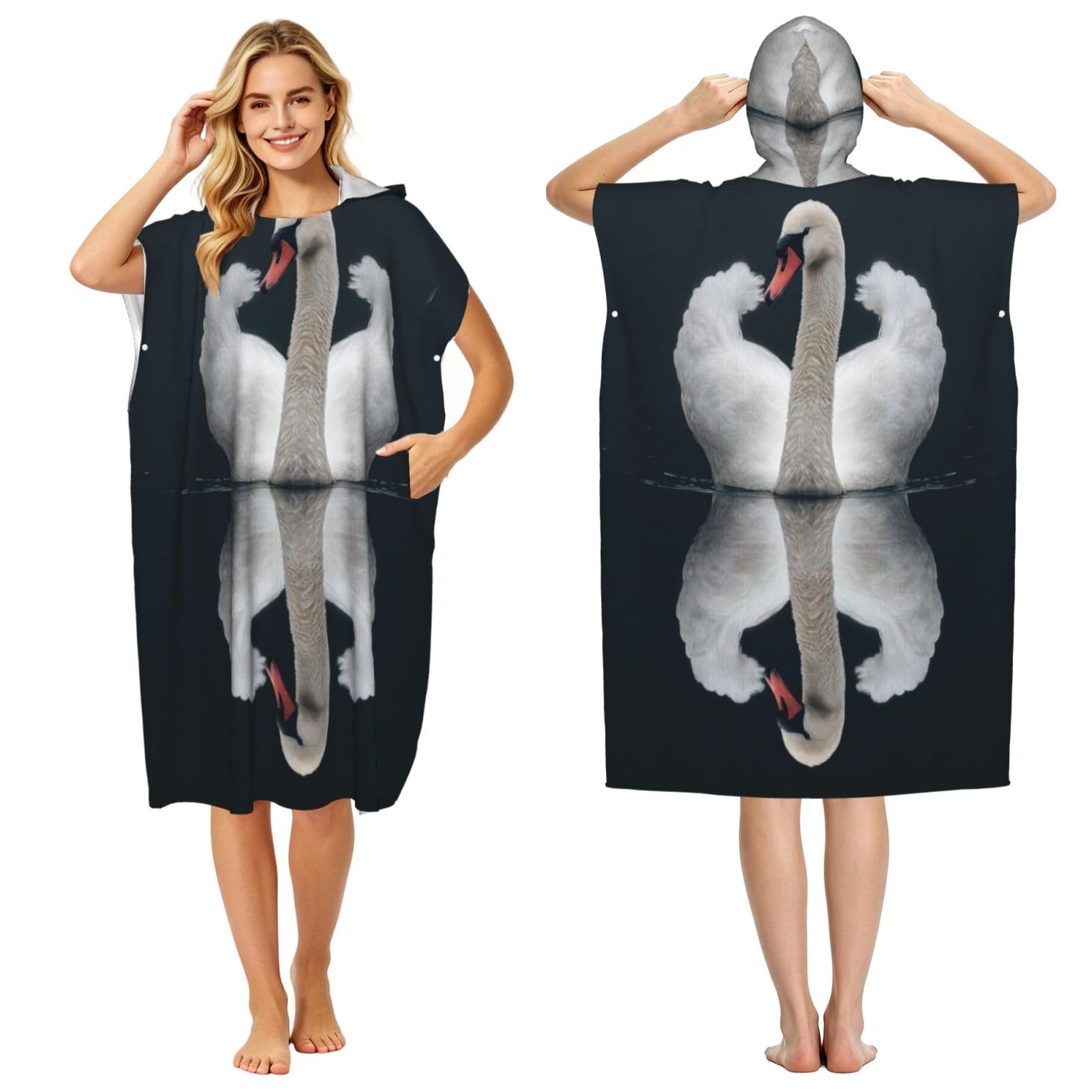 DTHKJNLSF Swan'S Love Adult Hooded Beach Poncho Towel