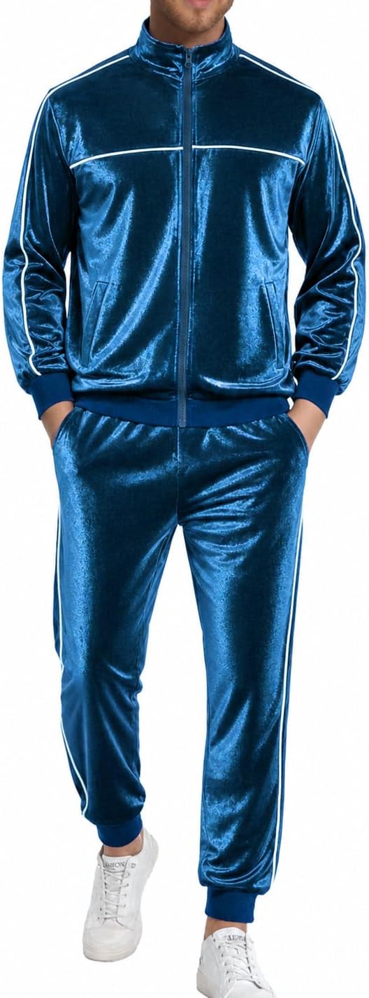 Men's Velour Tracksuit, 2 Piece Full Zip Velvet Sweatsuits Jogging Outfit