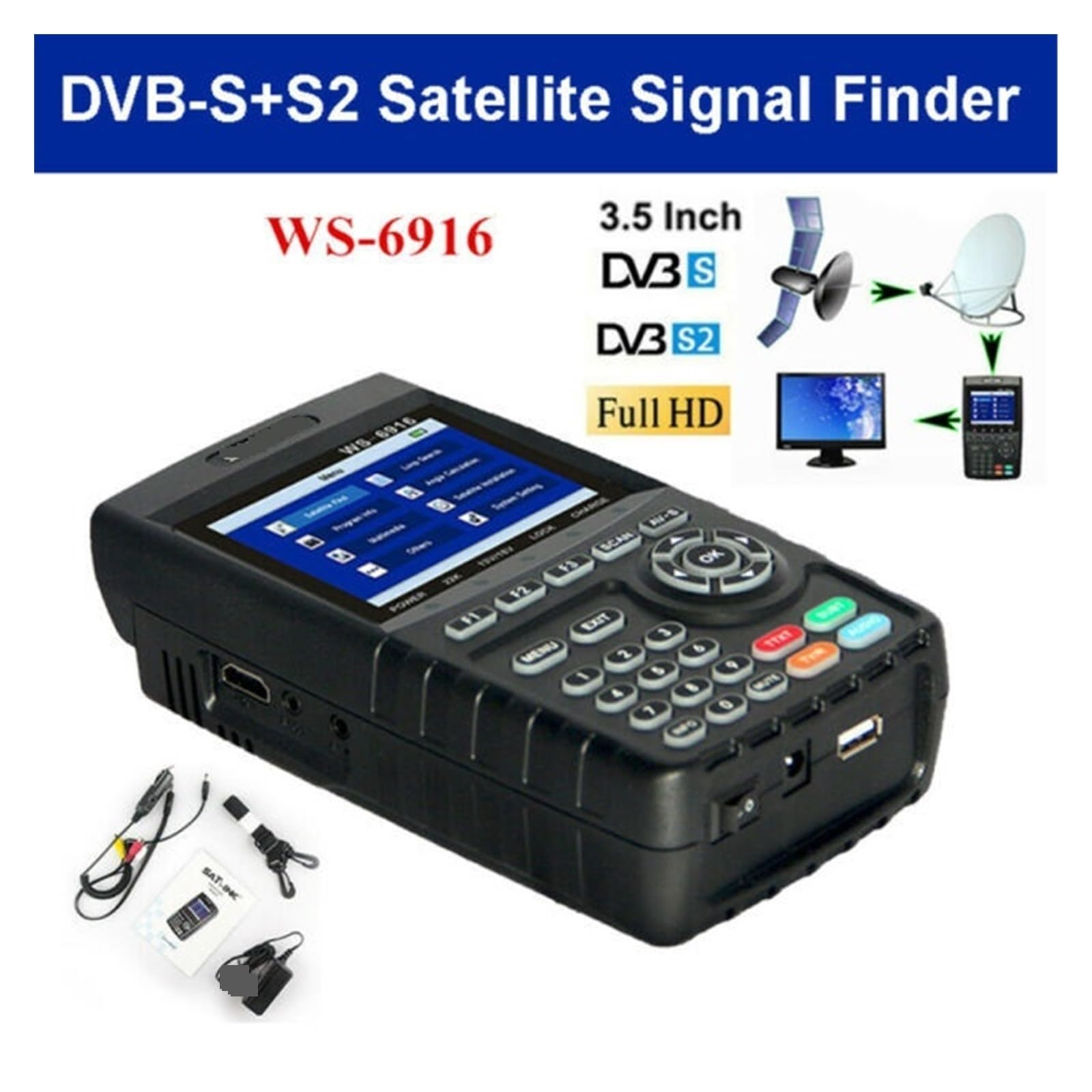 Buscador de SatéLite, Satfinder Dvb S2 DVB-S2 Digital Satellite Finder Meter MPEG-2/MPEG-4 WS 6916 Full Hd H.264 con batería Lion