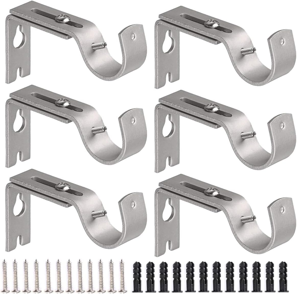 Curtain Pole Brackets, 6Pcs Adjustable Curtain Rod Brackets for 25mm Poles, Metal Heavy Duty Wall Rod Bracket Silver