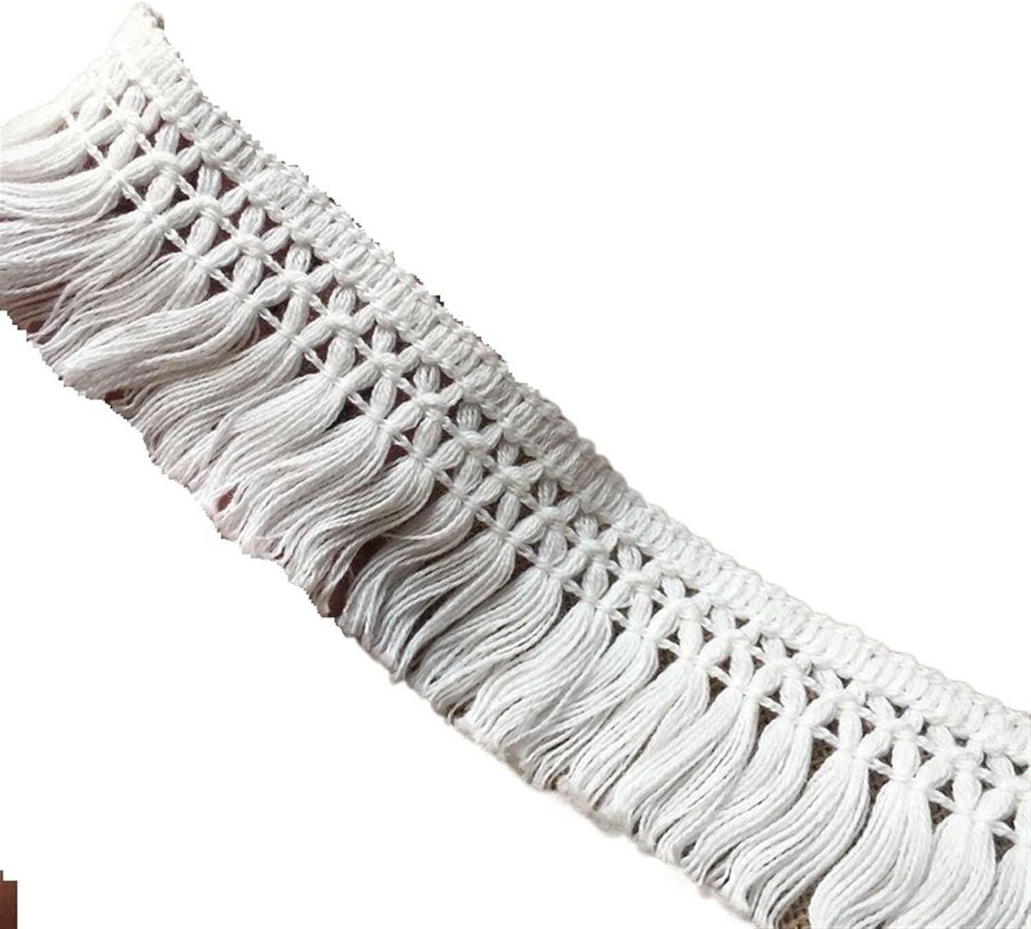 Adornos de encaje de algodón premium en cinta tejida Bianco con borlas artesanales de 1m