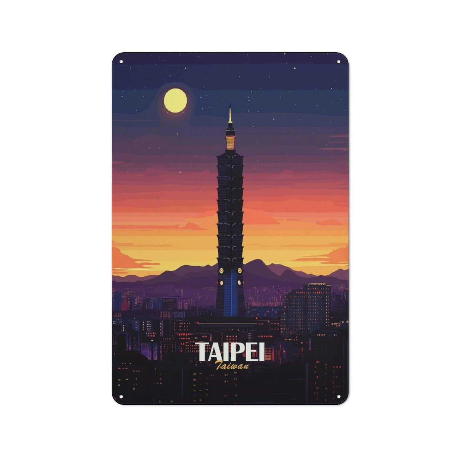 Junmoney Style Retro Metal Wall Sign 30X20cm With Taipei Taiwan Cityscape At Sunset For Bar Or Restaurant, Autumn Wall Decor For Restaurant Interior Fans