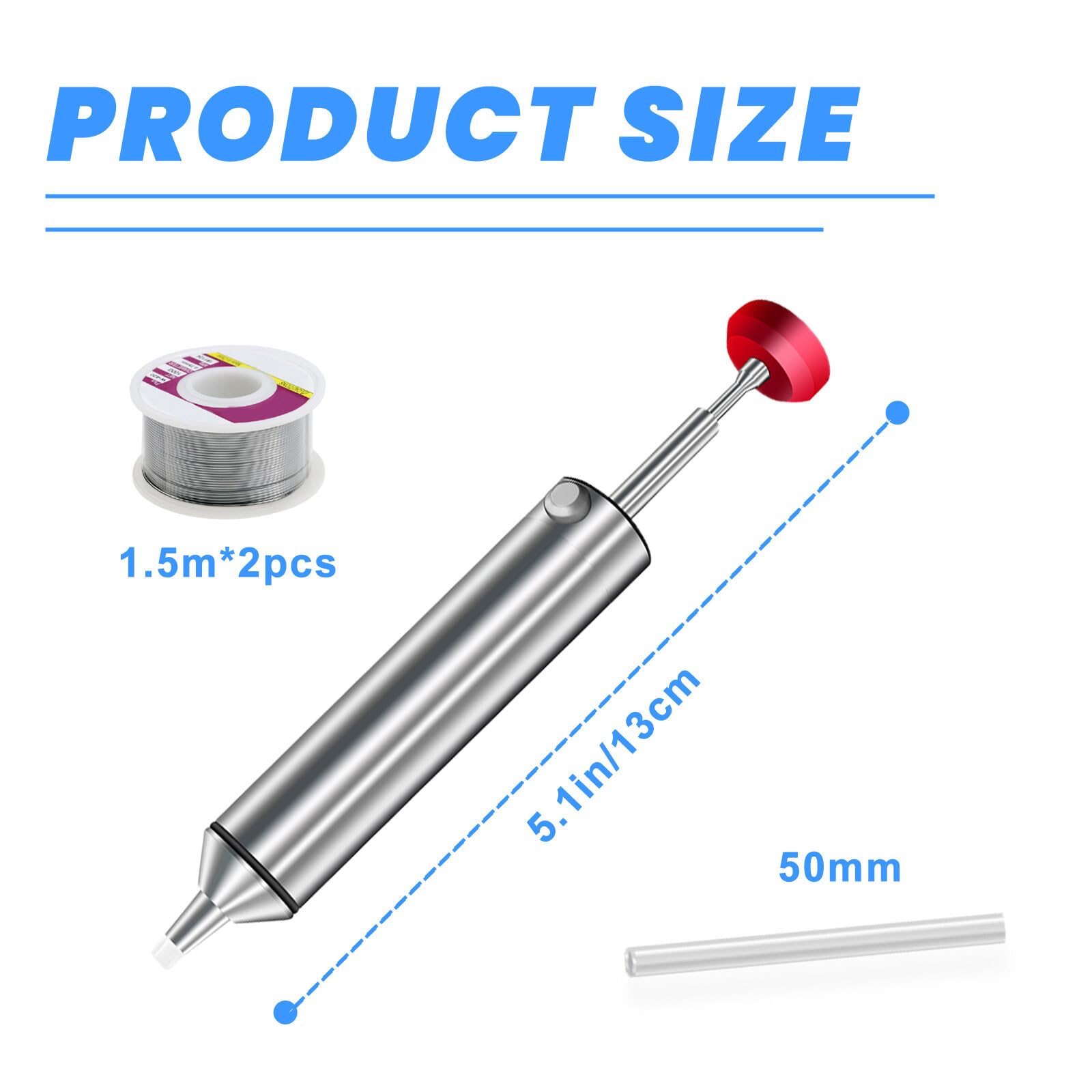 Pompa dissaldante, pompa desoldering con 2 ugelli in silicone e 12 tubi dissaldanti (larghezza 2,5 mm, lunghezza 1,5 m), alloggiamento di alta qualità in alluminio, pompa dissaldante con ugello in