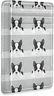 Boston Terrier Dog Face Heads Seamless on White Grey Slim Minimalist Wallet, Front Pocket RFID Blocking Leather Credit Card Holder, Case Protector Covers for Men Women