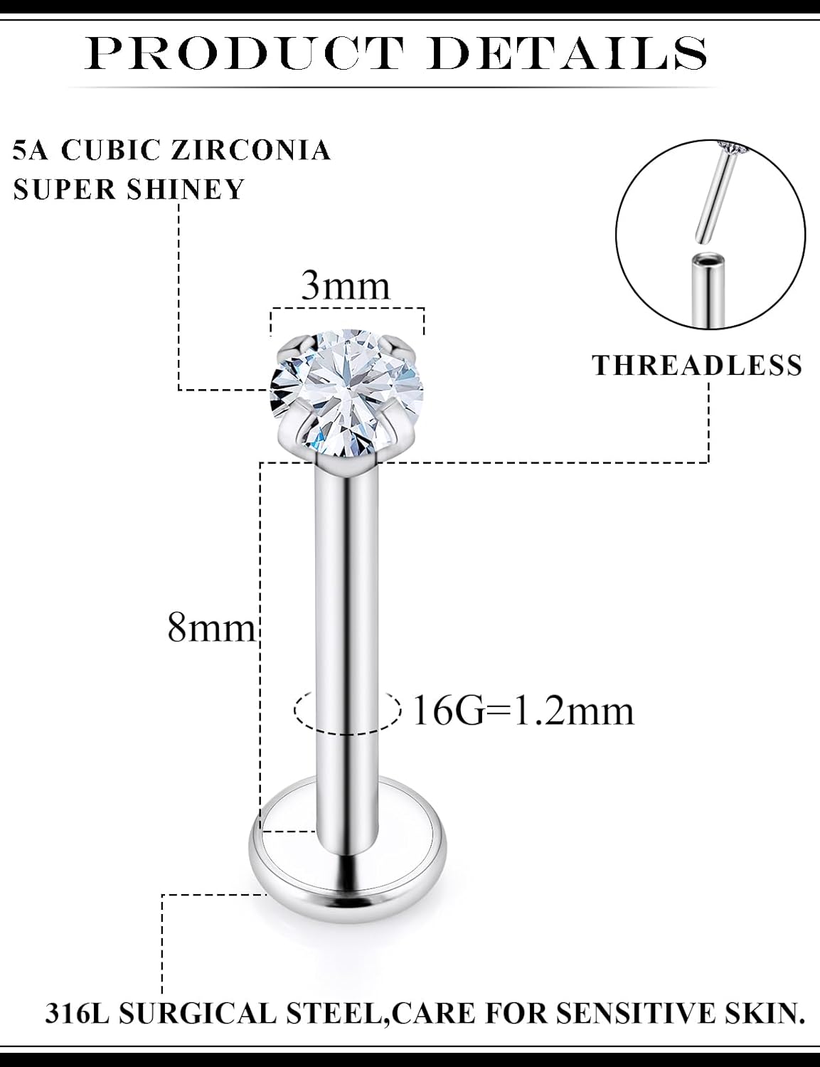 20G 18G 16G Threadless Flat Back Earrings Nose Stud 316L Surgical Steel Medusa Labret Monroe Lip Ring Tragus Forward Helix Conch Cartilage Lobe Earrings Stud Piercing Jewelry For Women Men - Image 2