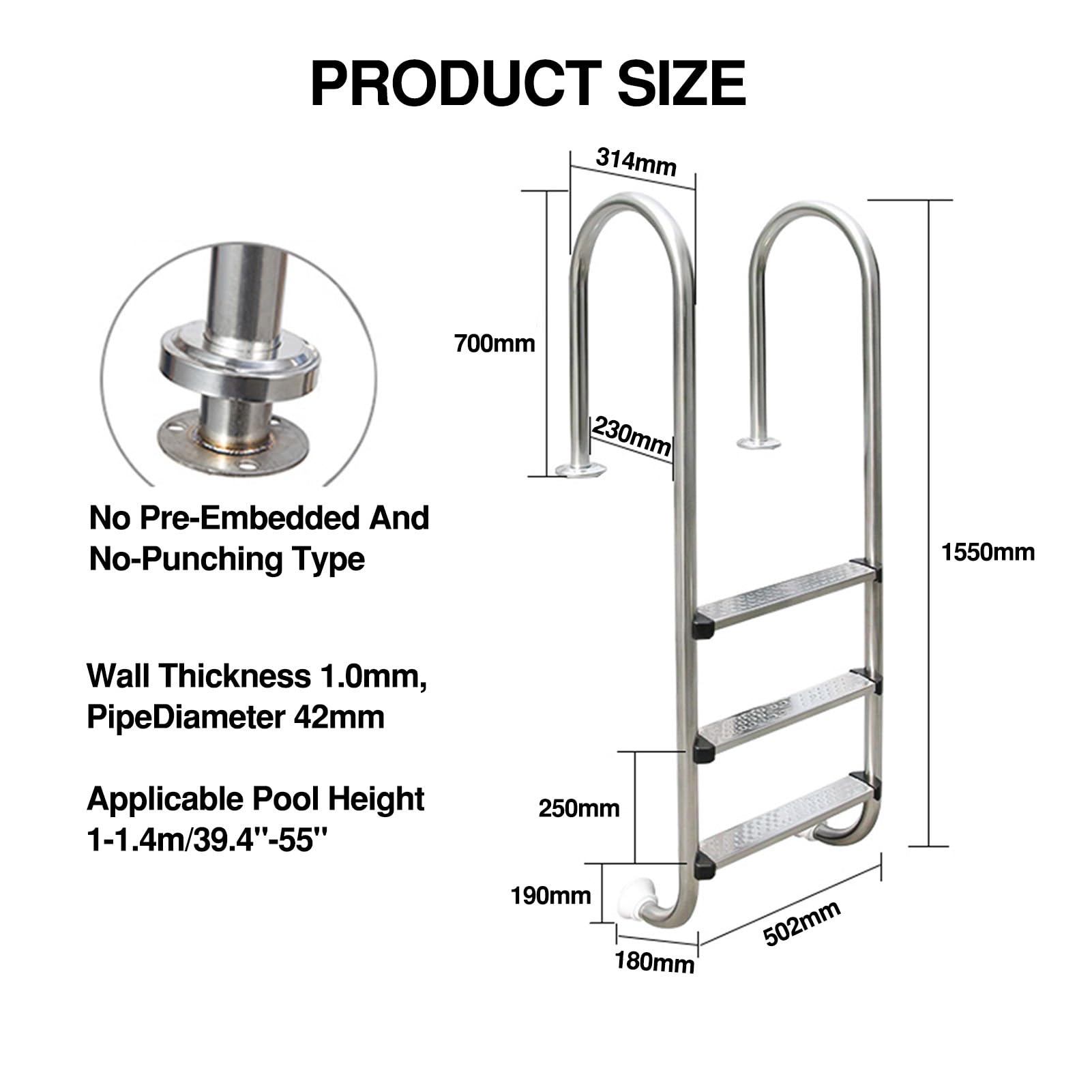 Escalera para Piscina, Escalera para Piscina de 2/3 Niveles de Alta Resistencia con pasamanos, Adecuada para Piscinas enterradas (3 Niveles).