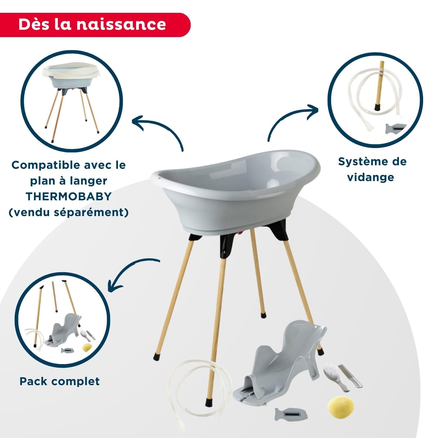 THERMOBABY - Pack Bain Bébé Vasco 7 en 1 Gris - Baignoire + Pied + Vidange + Transat de bain réglable + Thermomètre + Eponge + Brosse et peigne - Fabriqué en France