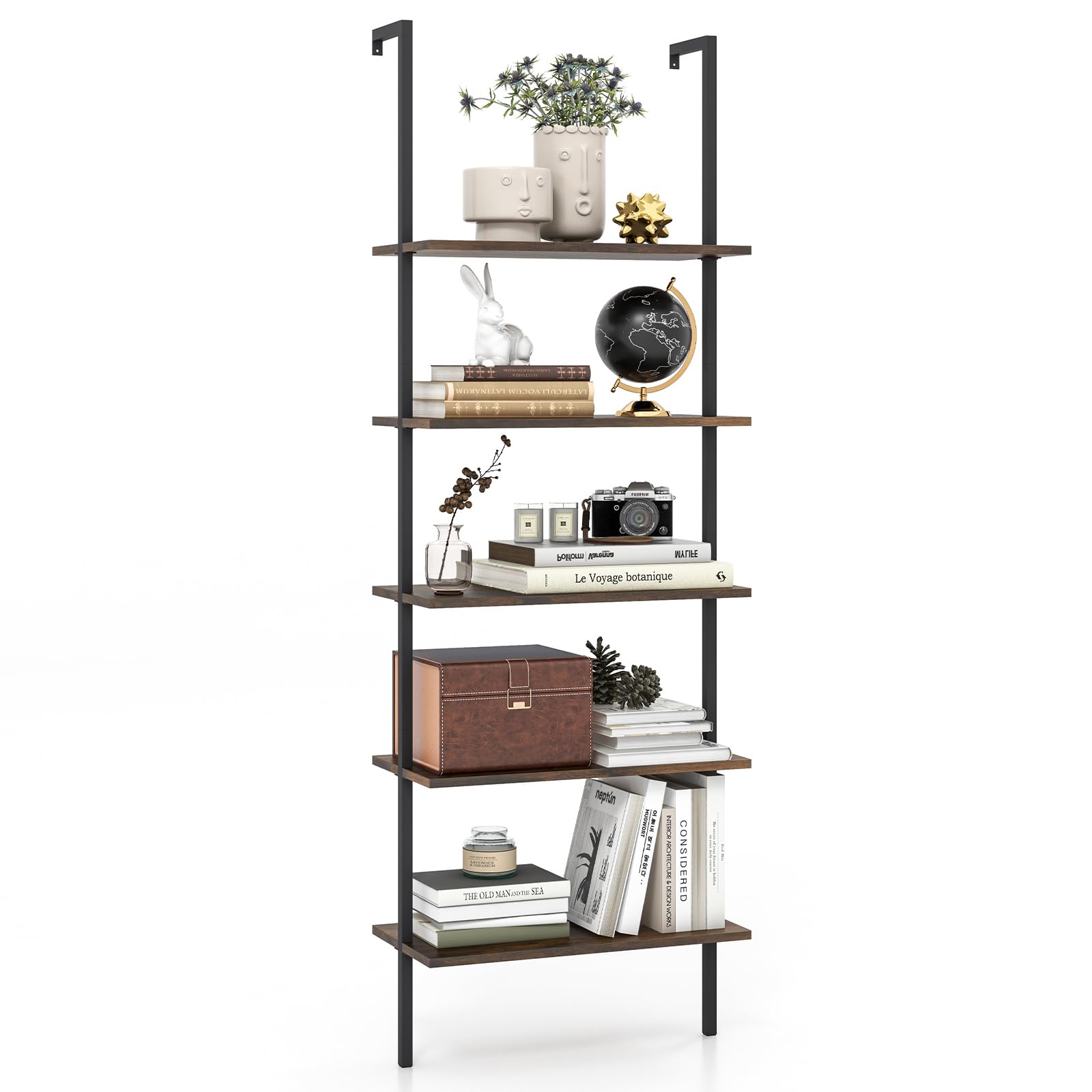 HOMASIS Estantería Escalera con 5 Niveles, librería de Pared con Estructura de Metal, estantes de Almacenamiento, Moderna estantería de pie, para Oficina en casa, salón, 60 x 30 x 180 cm (Marrón)