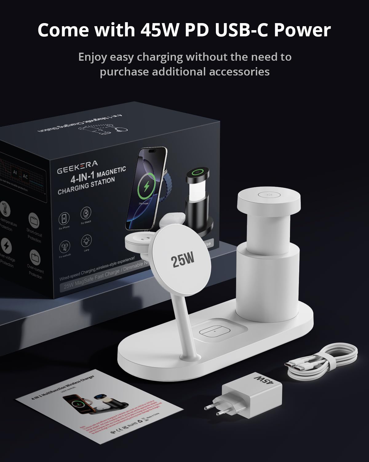 GEEKERA 25W Fast 4-in-1 Ladestation: Mag-Safe kabelloses Ladegerät, induktive Schnellladegerät mit Nachtlicht für iPhone 17 16 15 14 13 12, Apple Watch 11-2, AirPods, inkl. Ladekabel & 45W Netzteil