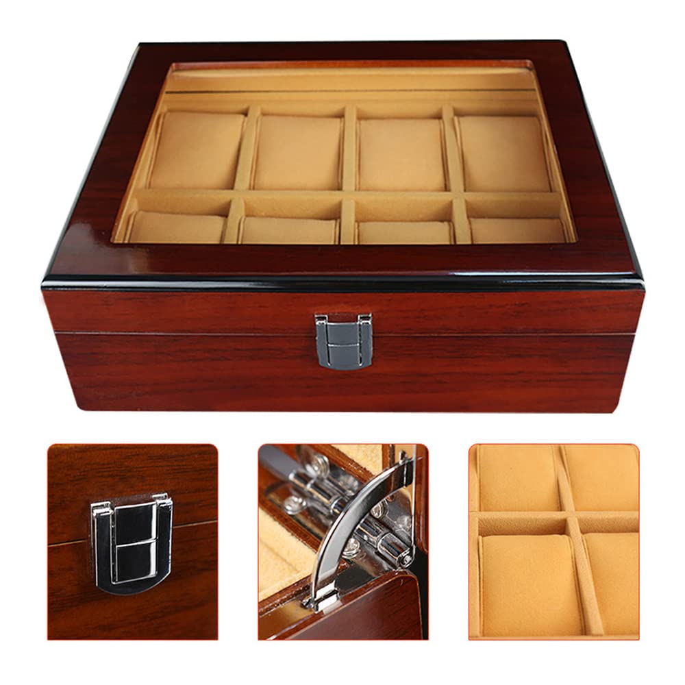 Holzmaserung Uhrenbox Schmuck Aufbewahrungsbox Einschichtiger transparenter Glasdeckel, 8 Gitter Holz Display Sammelbox Braunes Futter mit Metallverschluss Weihnachtsgeburtstagsgeschenke