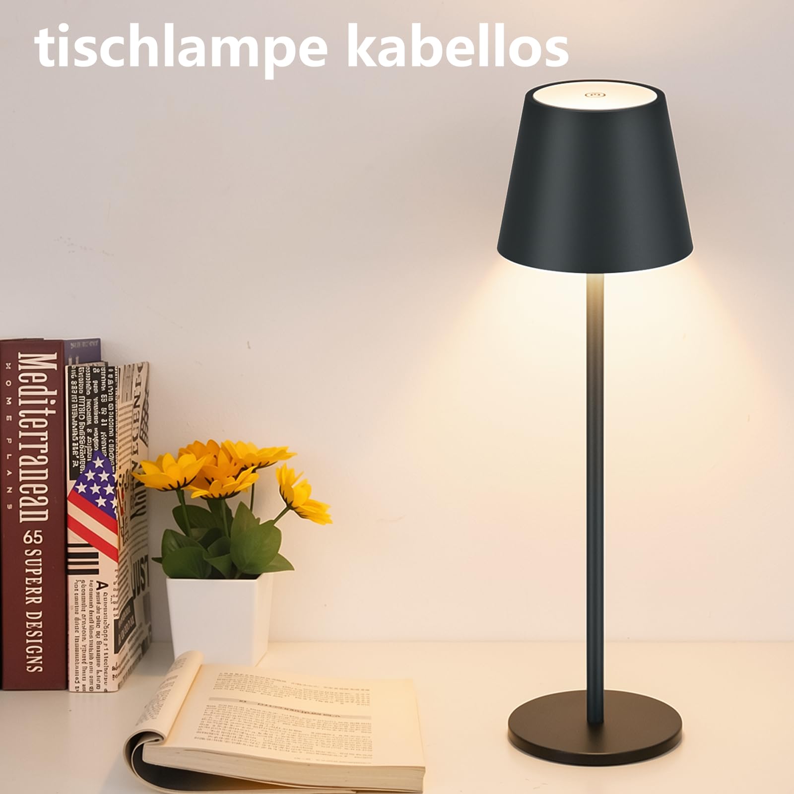 Klighten 2 Piezas LED Recargable Lámpara de mesa con batería, Regulable Lámpara de escritorio Aluminio con USB-C Carga, 3000K de Luz Cálida, Imperméable IP54, para Interiores y Exteriore, Negro